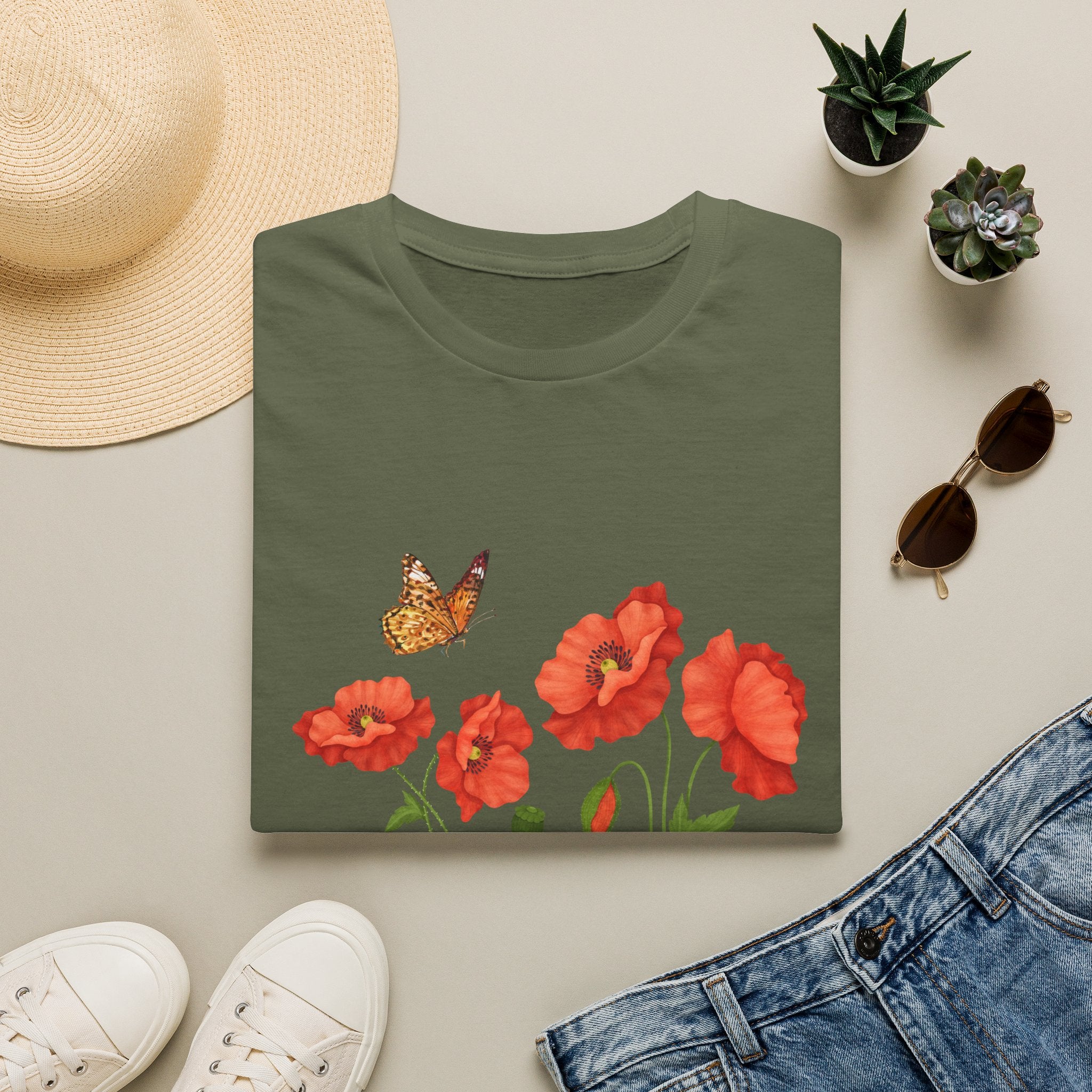 Poppy Field Tee — Red Poppies & Butterfly Floral T-Shirt
