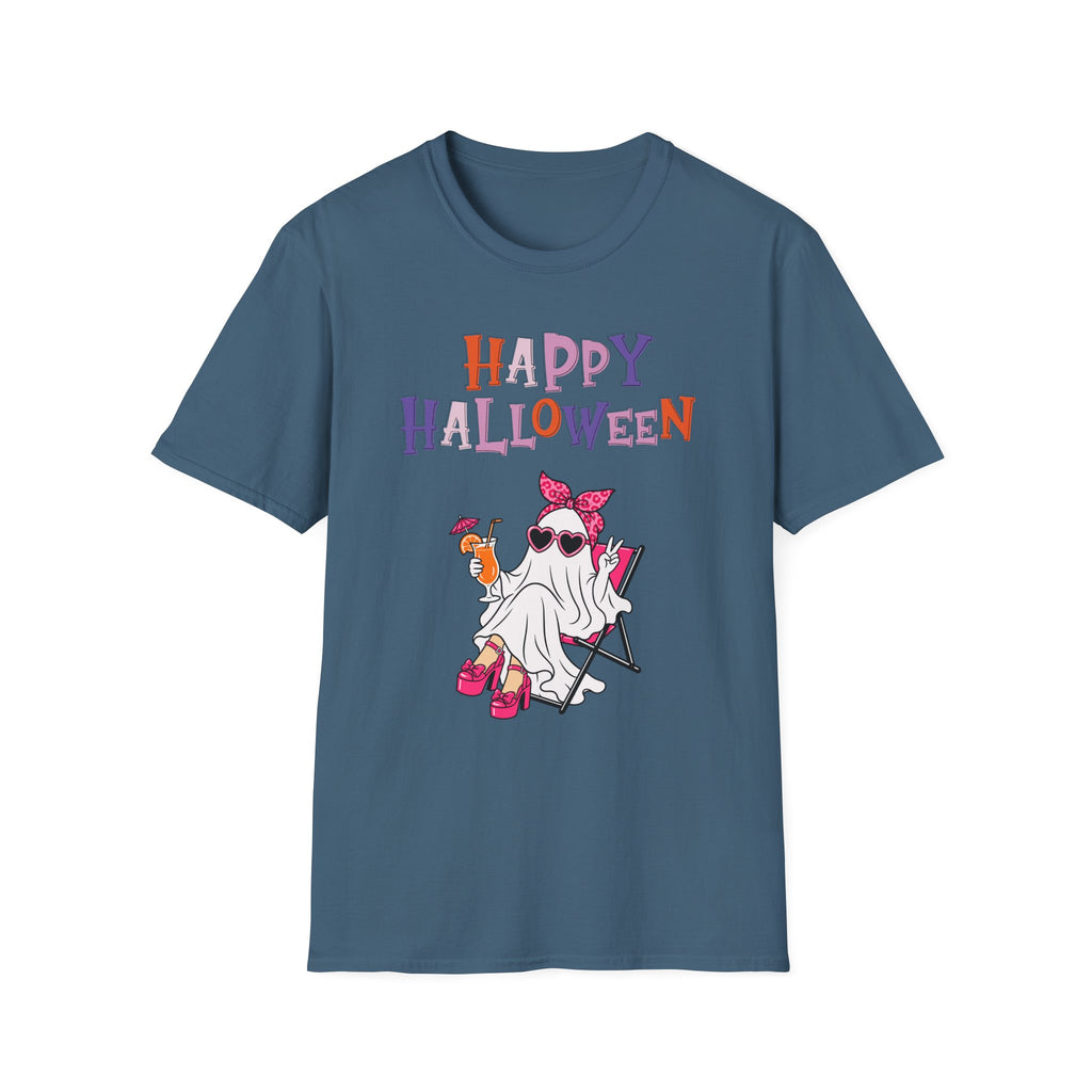 Happy Halloween Ghost Tee — Cute Feminine Halloween T-Shirt with Sunglasses & Pink Bow - Funny Spooky Halloween Shirt for Women