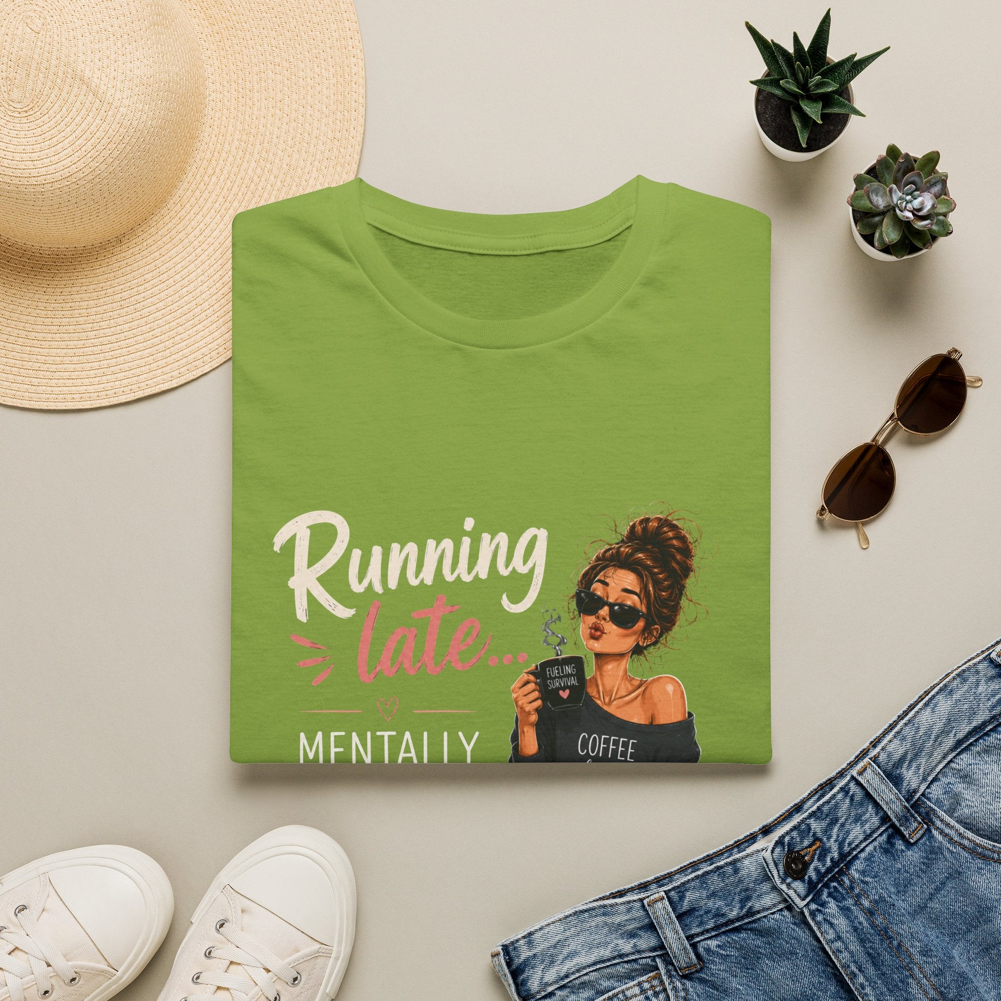Running Late... Mentally Still Drinking Coffee T-Shirt - Funny Coffee Lover Design