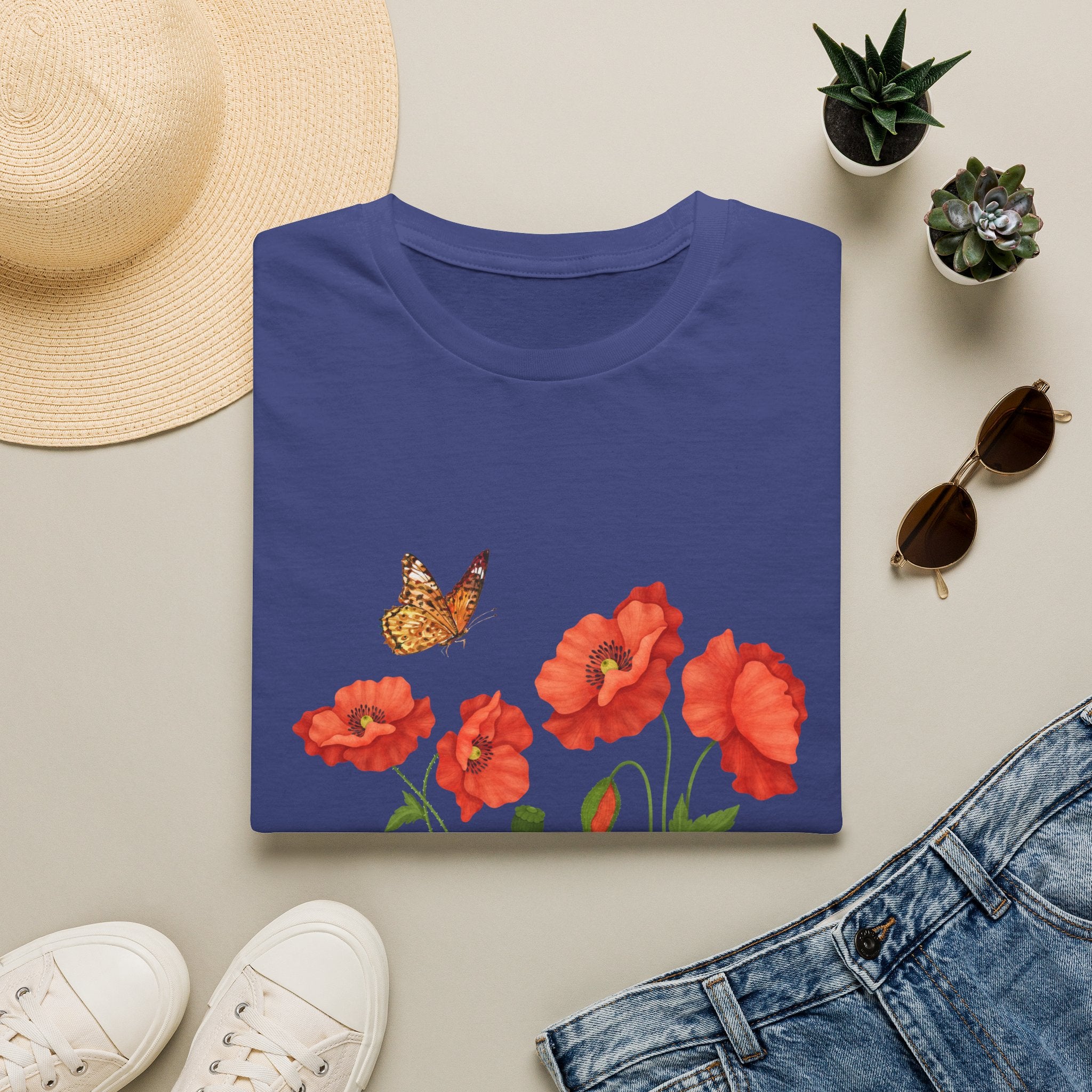 Poppy Field Tee — Red Poppies & Butterfly Floral T-Shirt