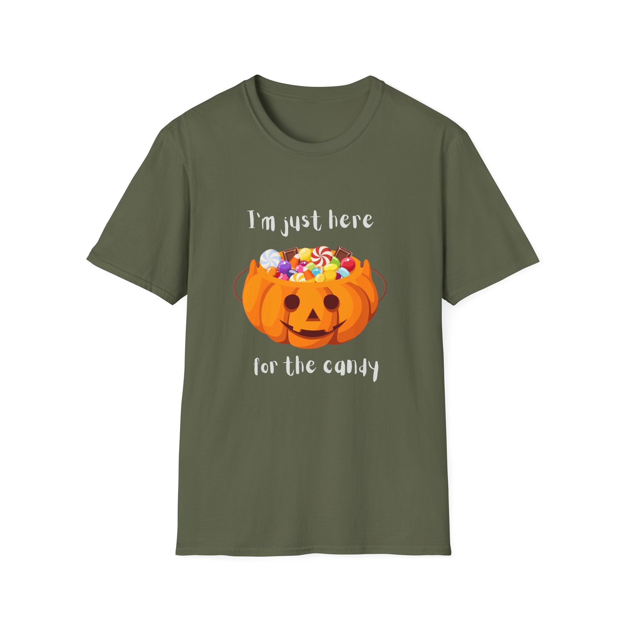 Halloween T-Shirt — "I'm Just Here for the Candy" Pumpkin Candy Bucket Tee