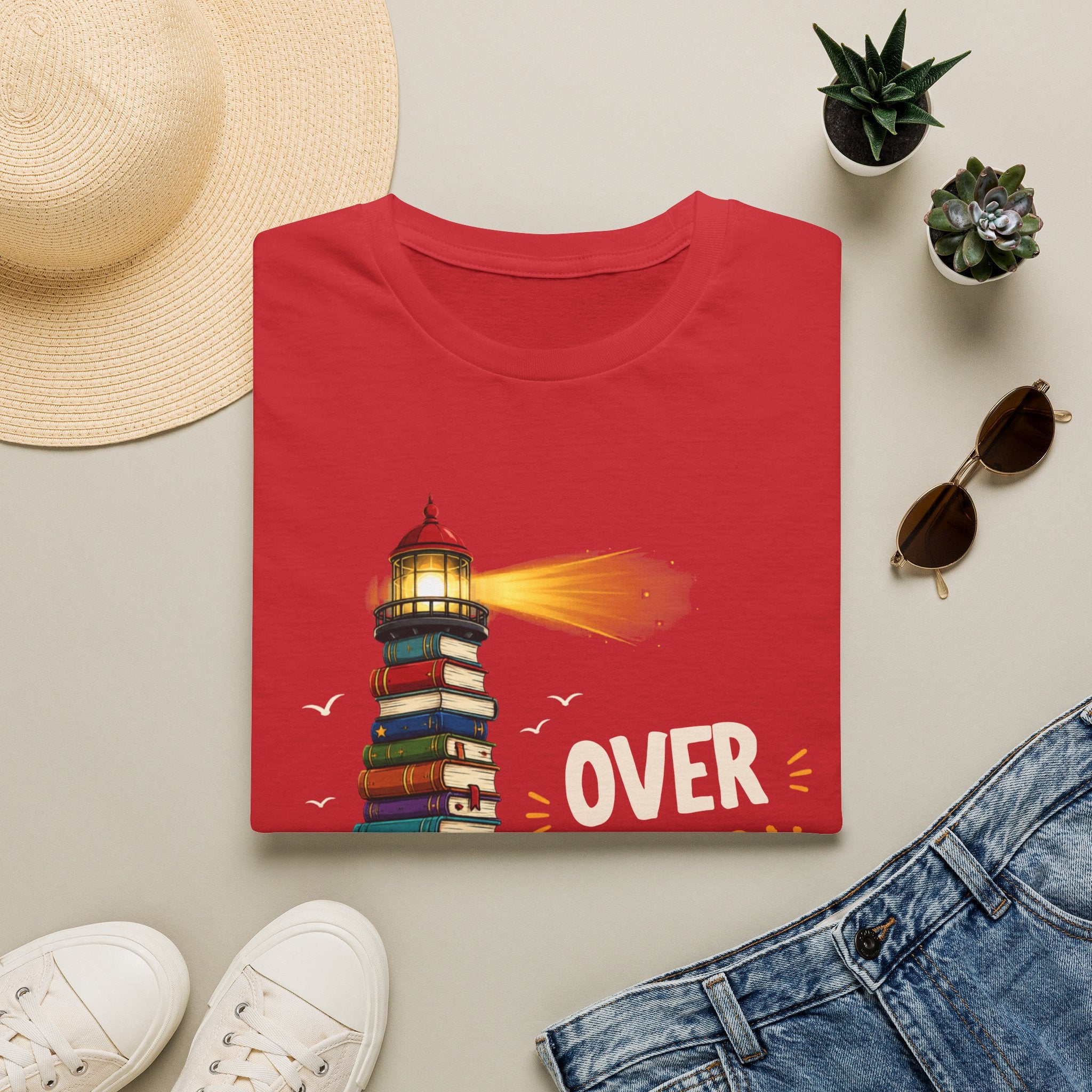 'Over the Horizon' Lighthouse Stack of Books Graphic Tee – Reading Lights the Way