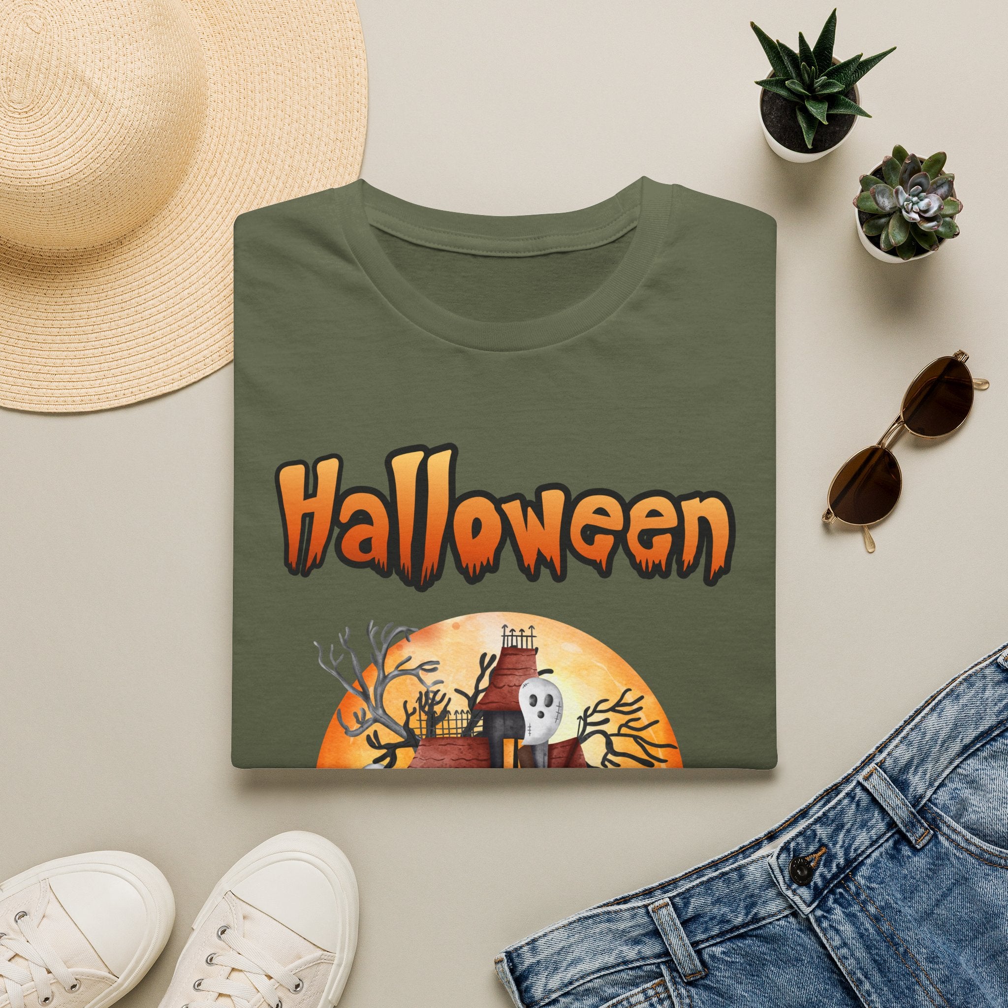 Halloween Haunted House T-Shirt — Spooky Pumpkin Moon Design -  Cute Spooky Haunted Mansion Ghost Pumpkin Fall Tee