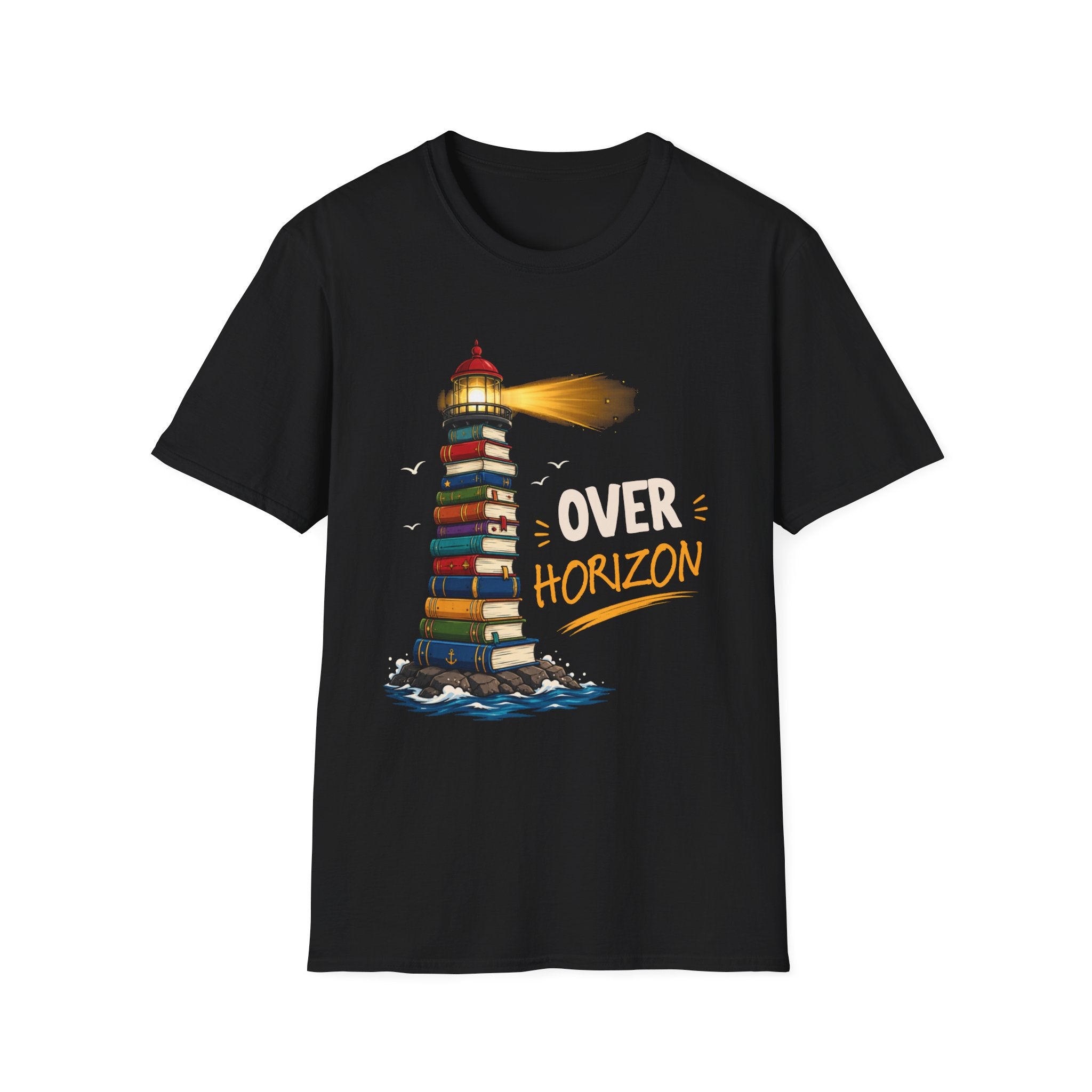 'Over the Horizon' Lighthouse Stack of Books Graphic Tee – Reading Lights the Way