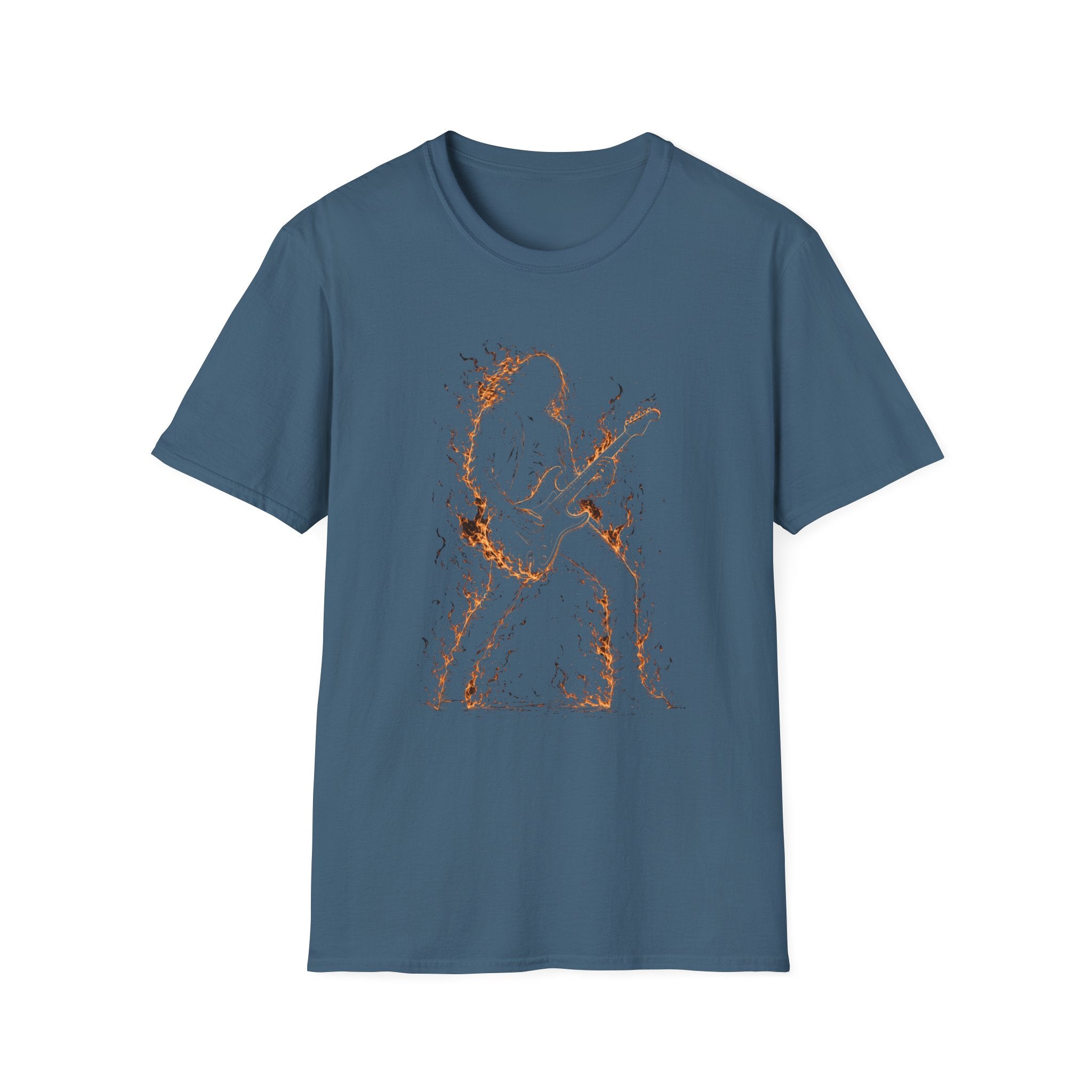 Abstract Guitarist T‑Shirt — Minimalist Flaming Guitar Music Tee - Born in the Fire of Rock | Flaming Guitarist Silhouette Art