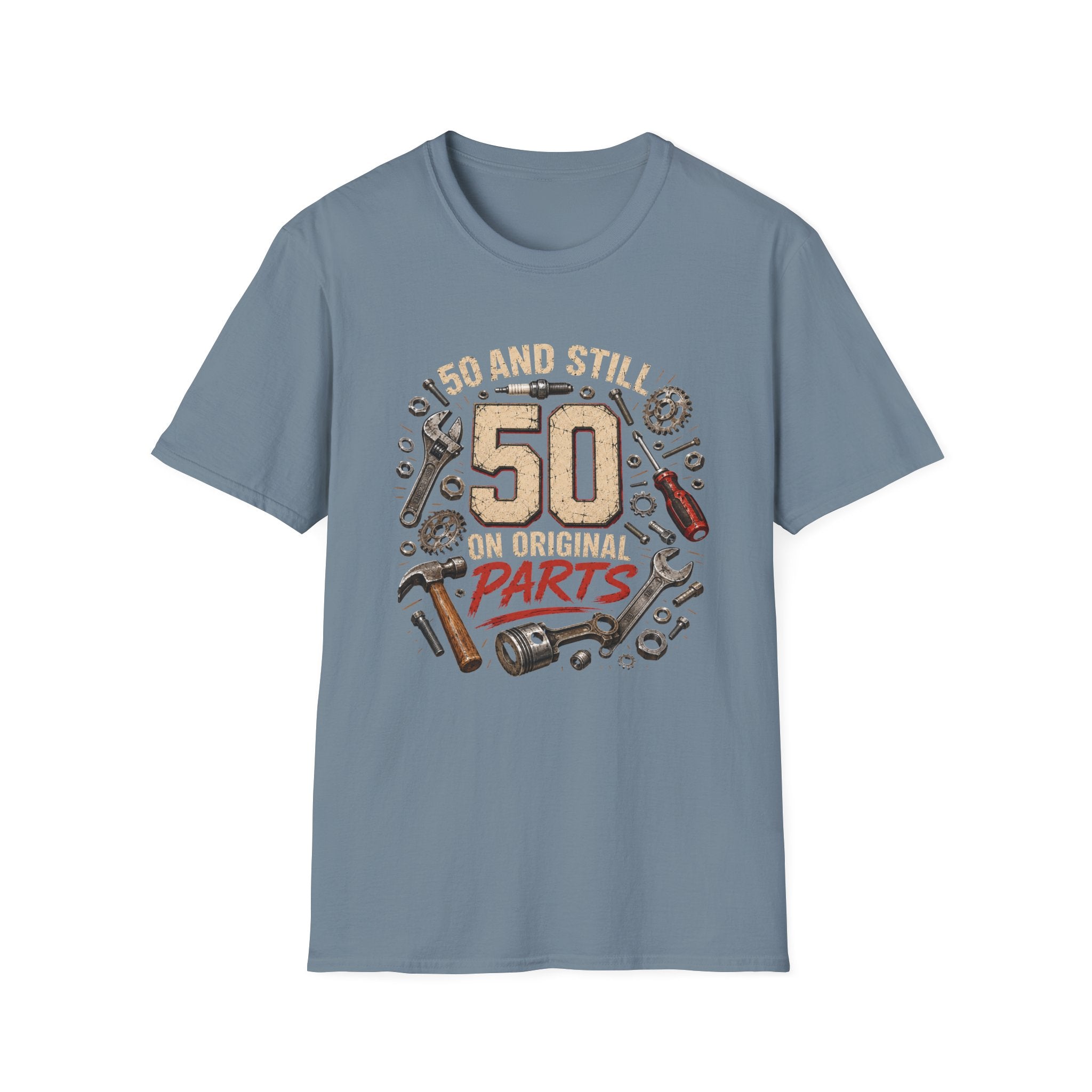 50 and Still Original Parts T-Shirt — Funny 50th Birthday Mechanic Gift