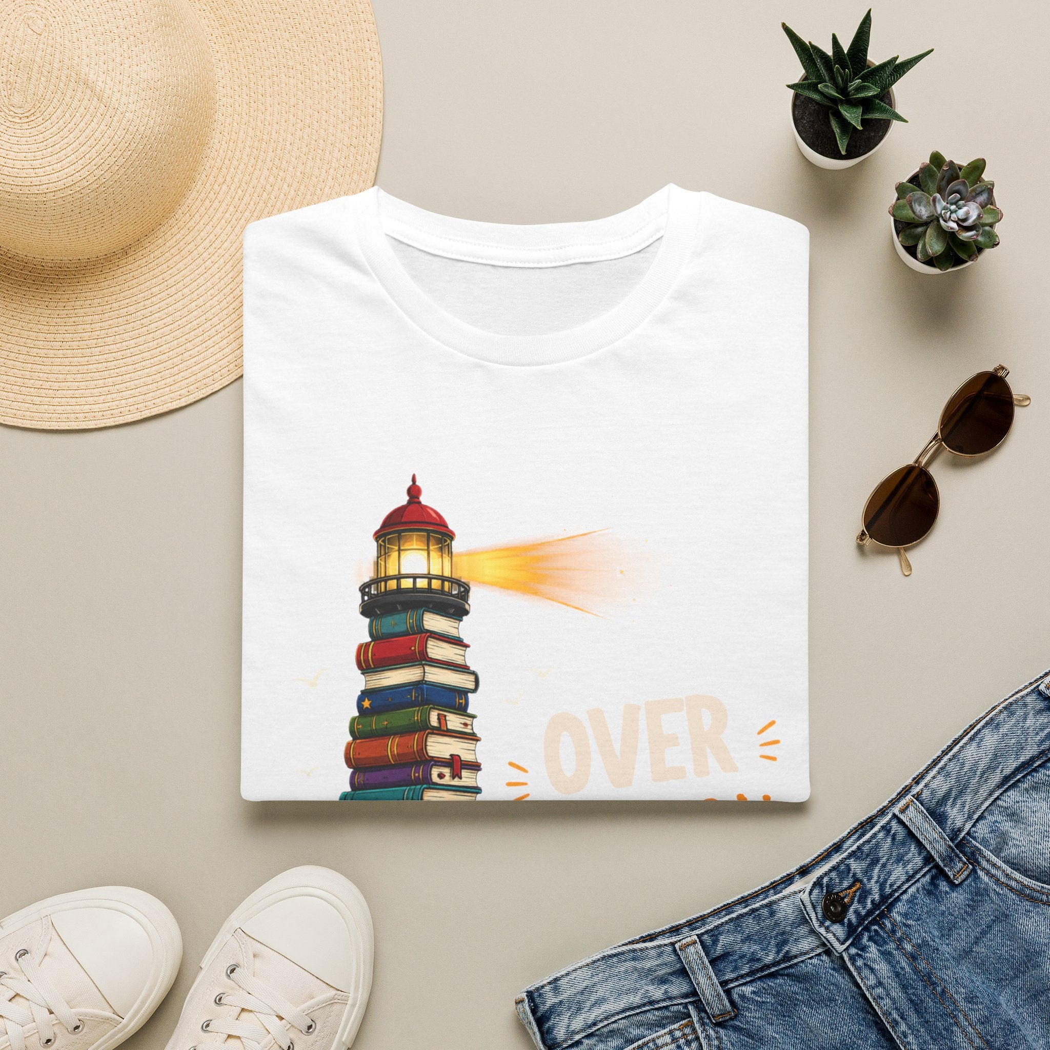 'Over the Horizon' Lighthouse Stack of Books Graphic Tee – Reading Lights the Way