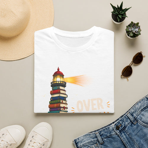'Over the Horizon' Lighthouse Stack of Books Graphic Tee – Reading Lights the Way