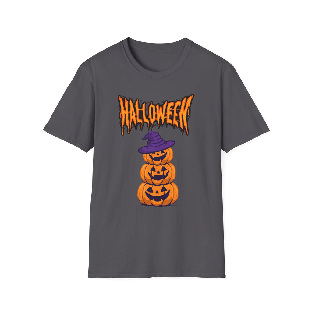 Halloween Stacked Jack-O'-Lantern T-Shirt — Cute Spooky Tee with Purple Witch Hat -  Cute Pumpkin Witch Hat Halloween Tee