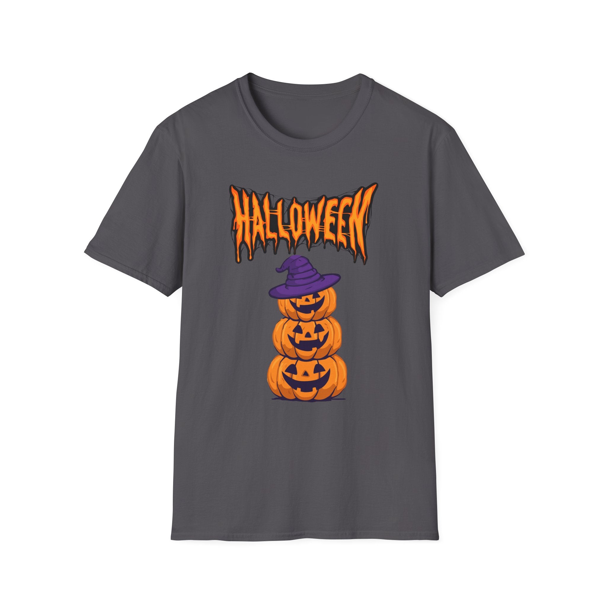 Halloween Stacked Jack-O'-Lantern T-Shirt — Cute Spooky Tee with Purple Witch Hat -  Cute Pumpkin Witch Hat Halloween Tee