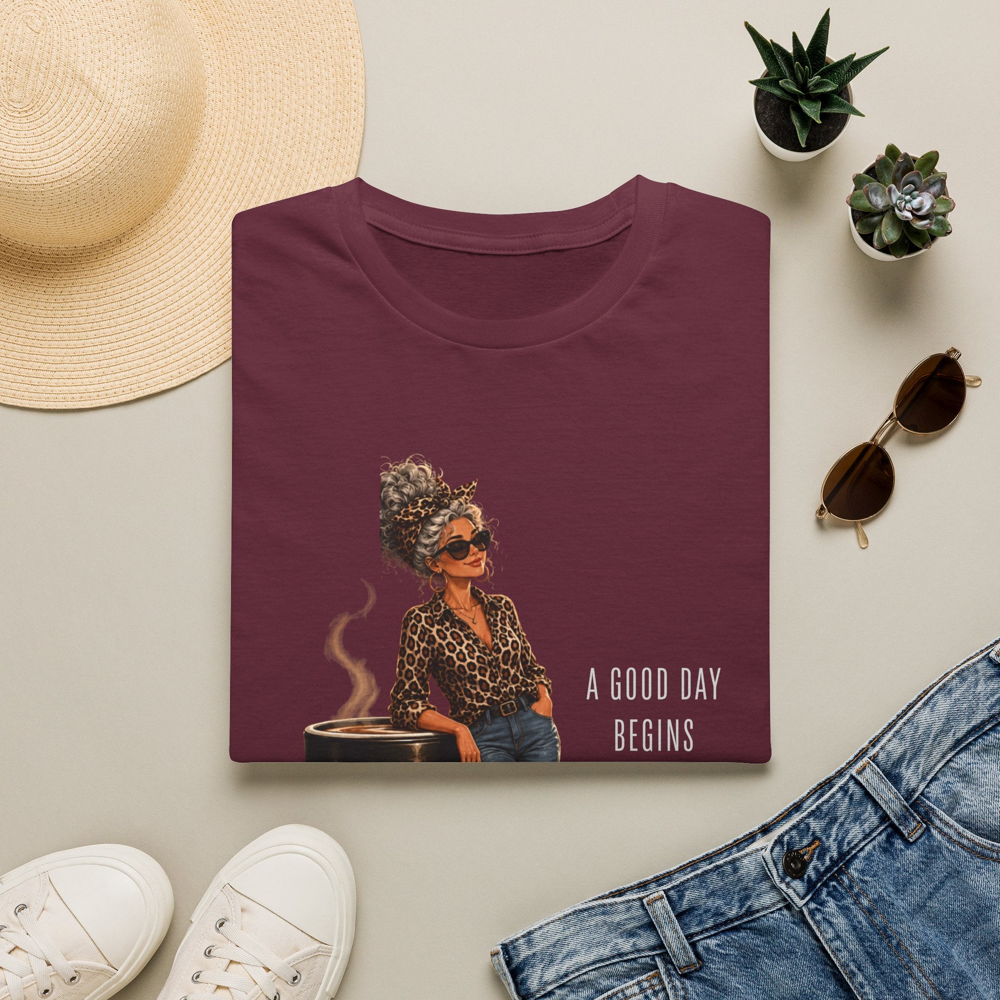 Coffee Vibes T-Shirt — “A Good Day Begins” Retro Chic Coffee Shirt -Stylish Coffee Lover Woman Design