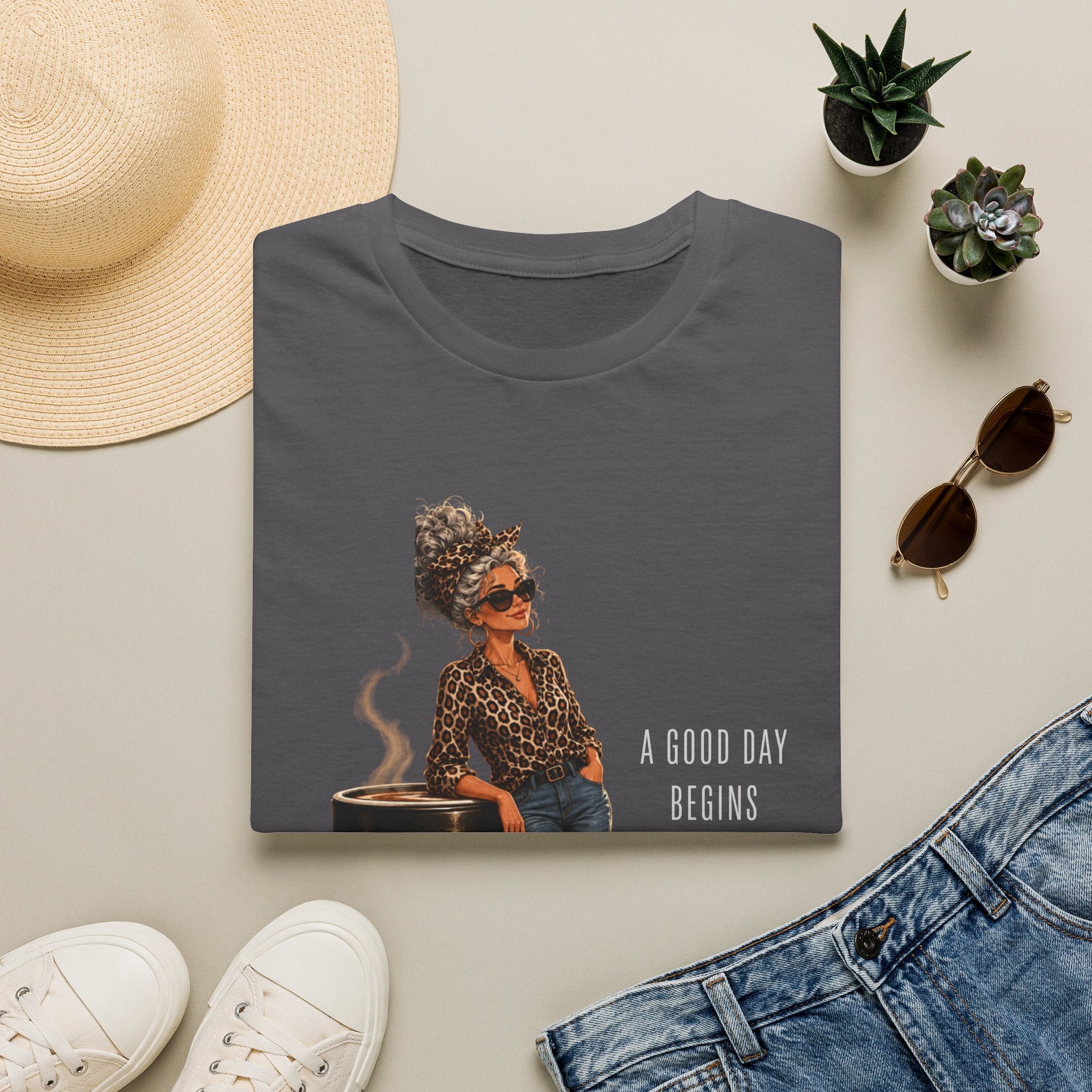Coffee Vibes T-Shirt — “A Good Day Begins” Retro Chic Coffee Shirt -Stylish Coffee Lover Woman Design