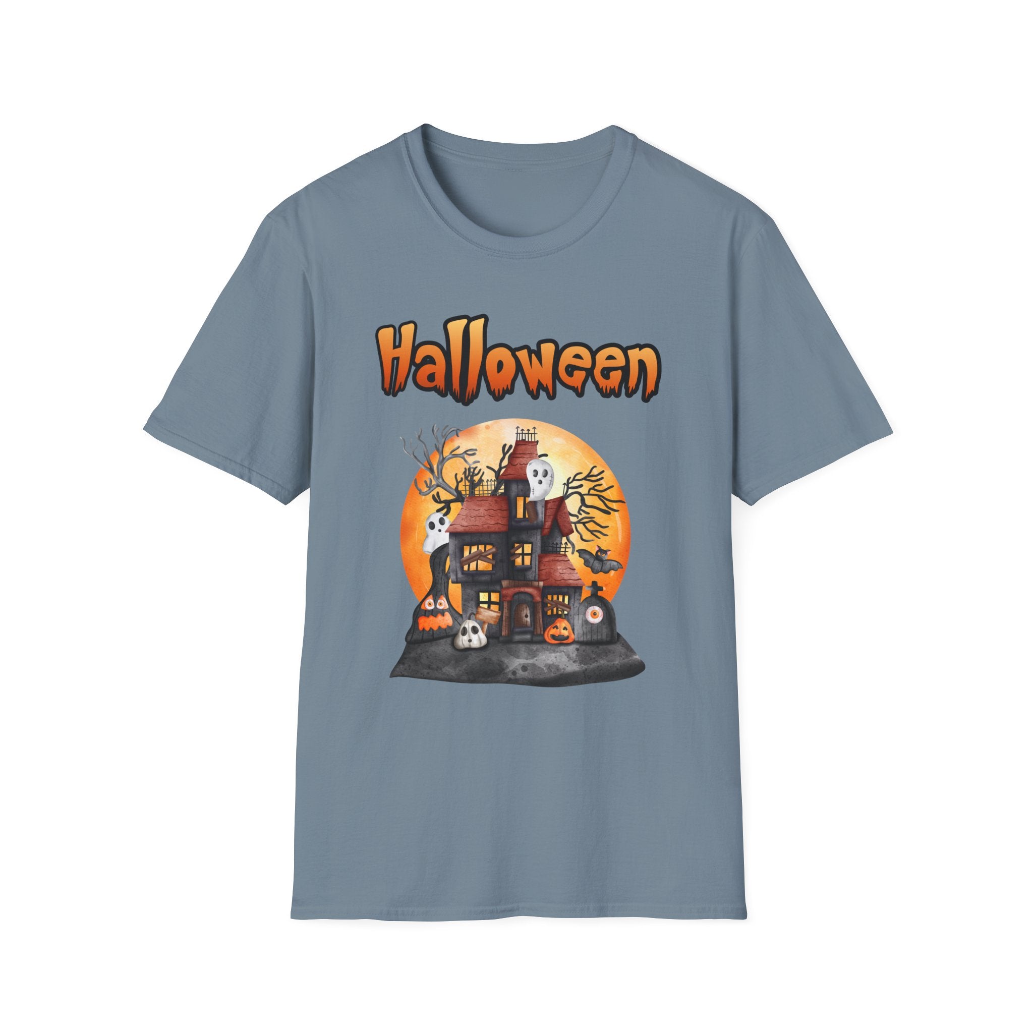 Halloween Haunted House T-Shirt — Spooky Pumpkin Moon Design -  Cute Spooky Haunted Mansion Ghost Pumpkin Fall Tee