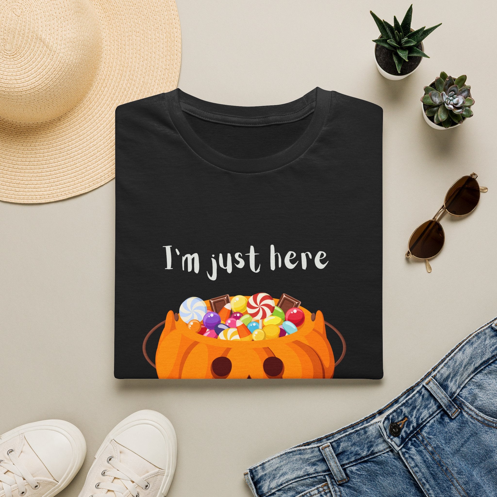 Halloween T-Shirt — "I'm Just Here for the Candy" Pumpkin Candy Bucket Tee