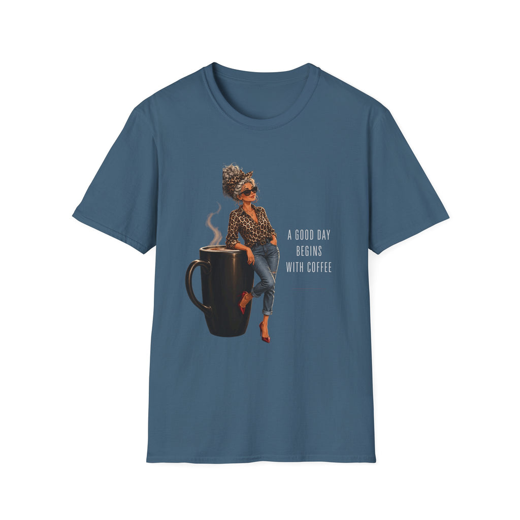 Coffee Vibes T-Shirt — “A Good Day Begins” Retro Chic Coffee Shirt -Stylish Coffee Lover Woman Design