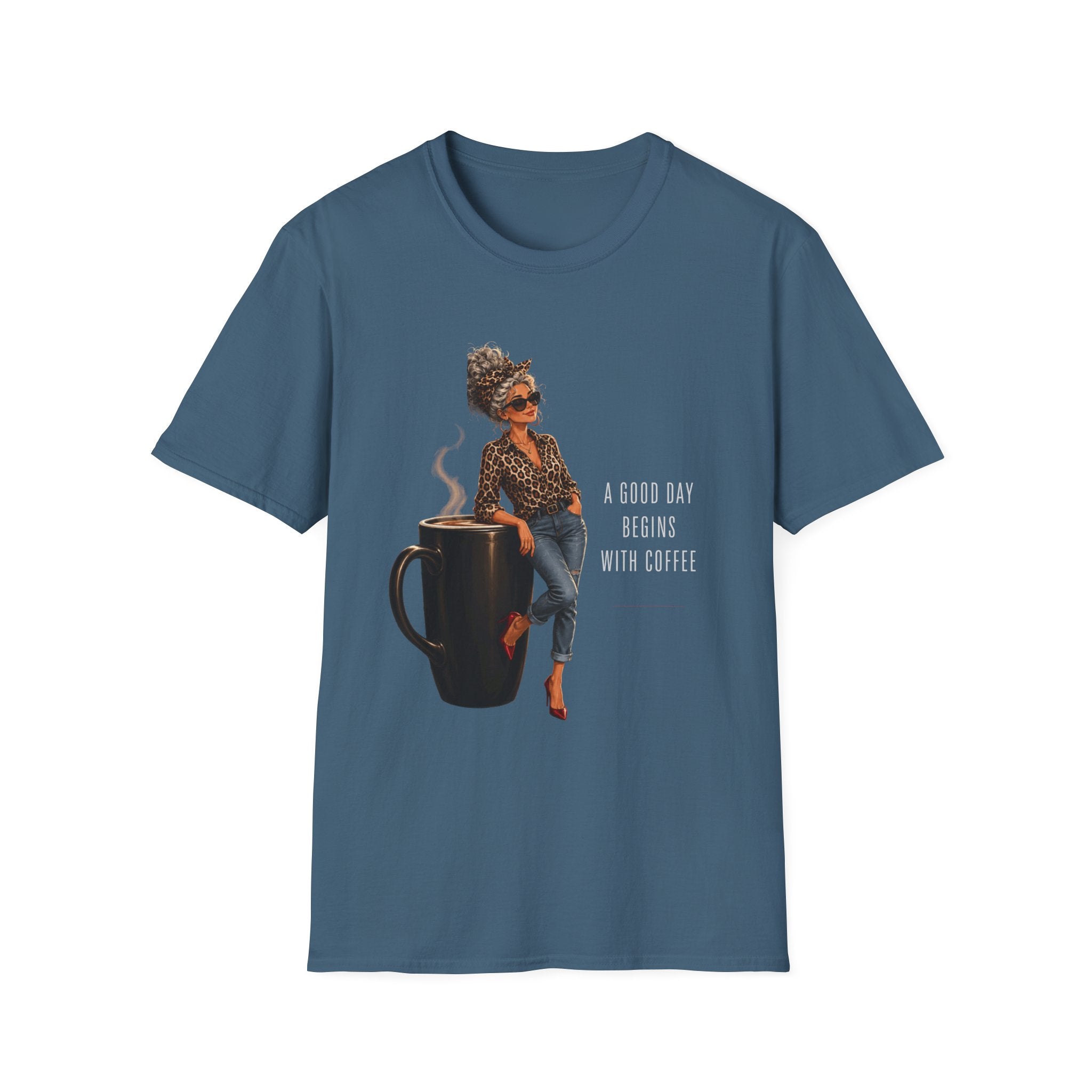 Coffee Vibes T-Shirt — “A Good Day Begins” Retro Chic Coffee Shirt -Stylish Coffee Lover Woman Design