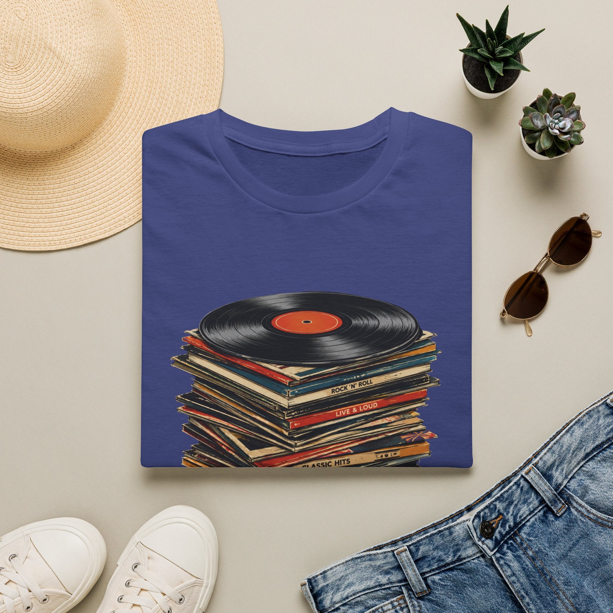 Vintage Vinyl Stack T-Shirt — Retro Record Player Graphic Tee - Retro Music Lover Turntable Aesthetic Design