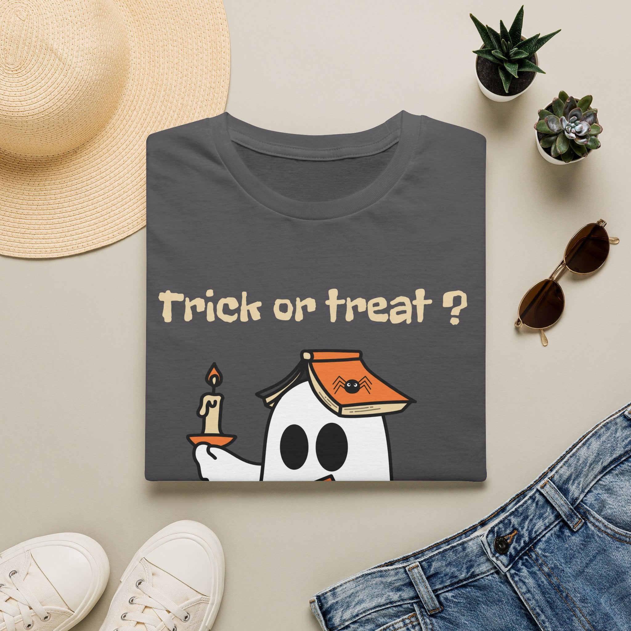 Halloween Ghost T-Shirt — "Trick or Treat?" Cute Spooky Candy Tee - Ghost Reading a Spooky Book Halloween Design