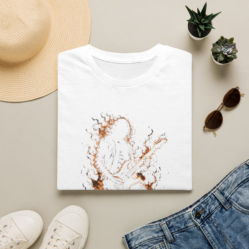 Abstract Guitarist T‑Shirt — Minimalist Flaming Guitar Music Tee - Born in the Fire of Rock | Flaming Guitarist Silhouette Art