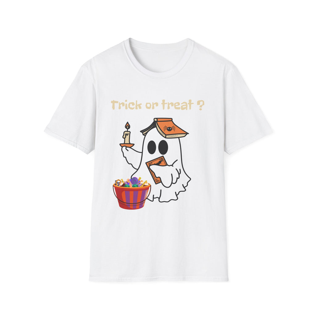 Halloween Ghost T-Shirt — "Trick or Treat?" Cute Spooky Candy Tee - Ghost Reading a Spooky Book Halloween Design