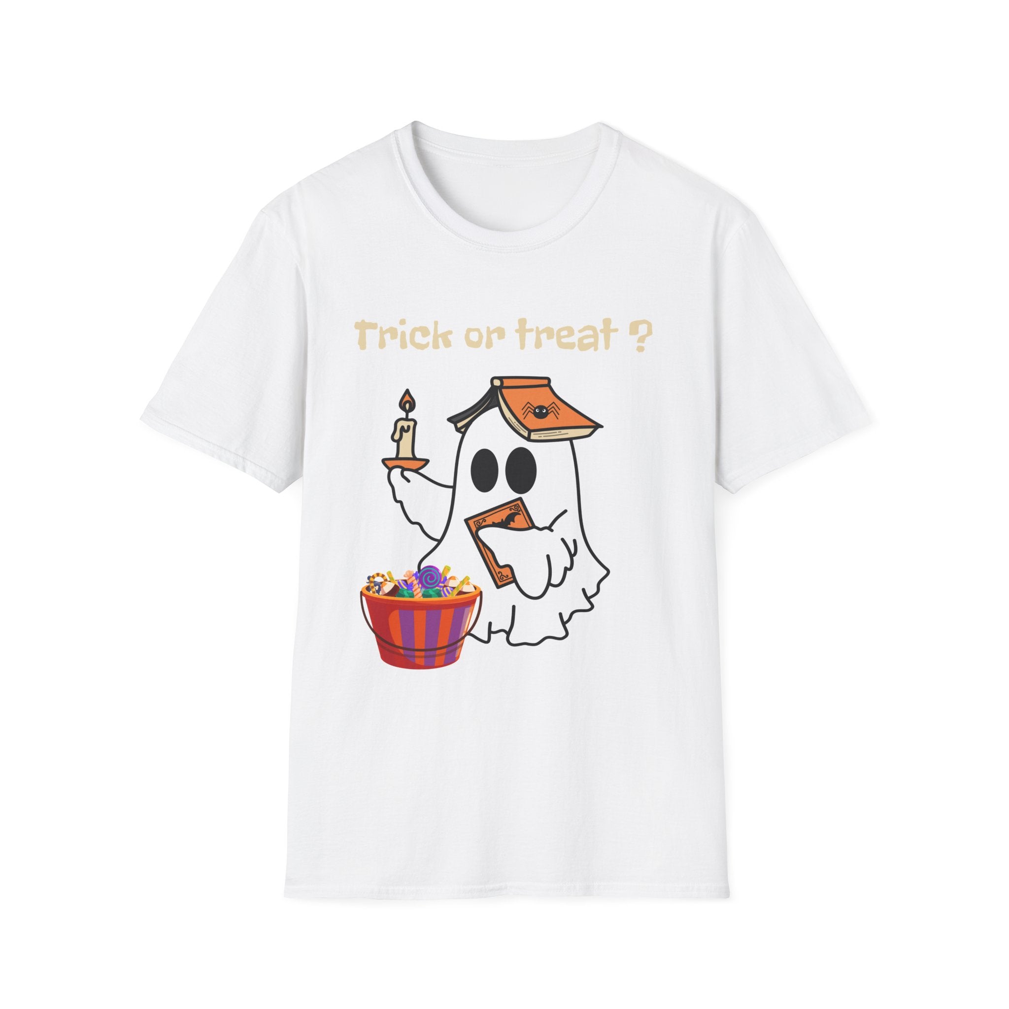 Halloween Ghost T-Shirt — "Trick or Treat?" Cute Spooky Candy Tee - Ghost Reading a Spooky Book Halloween Design