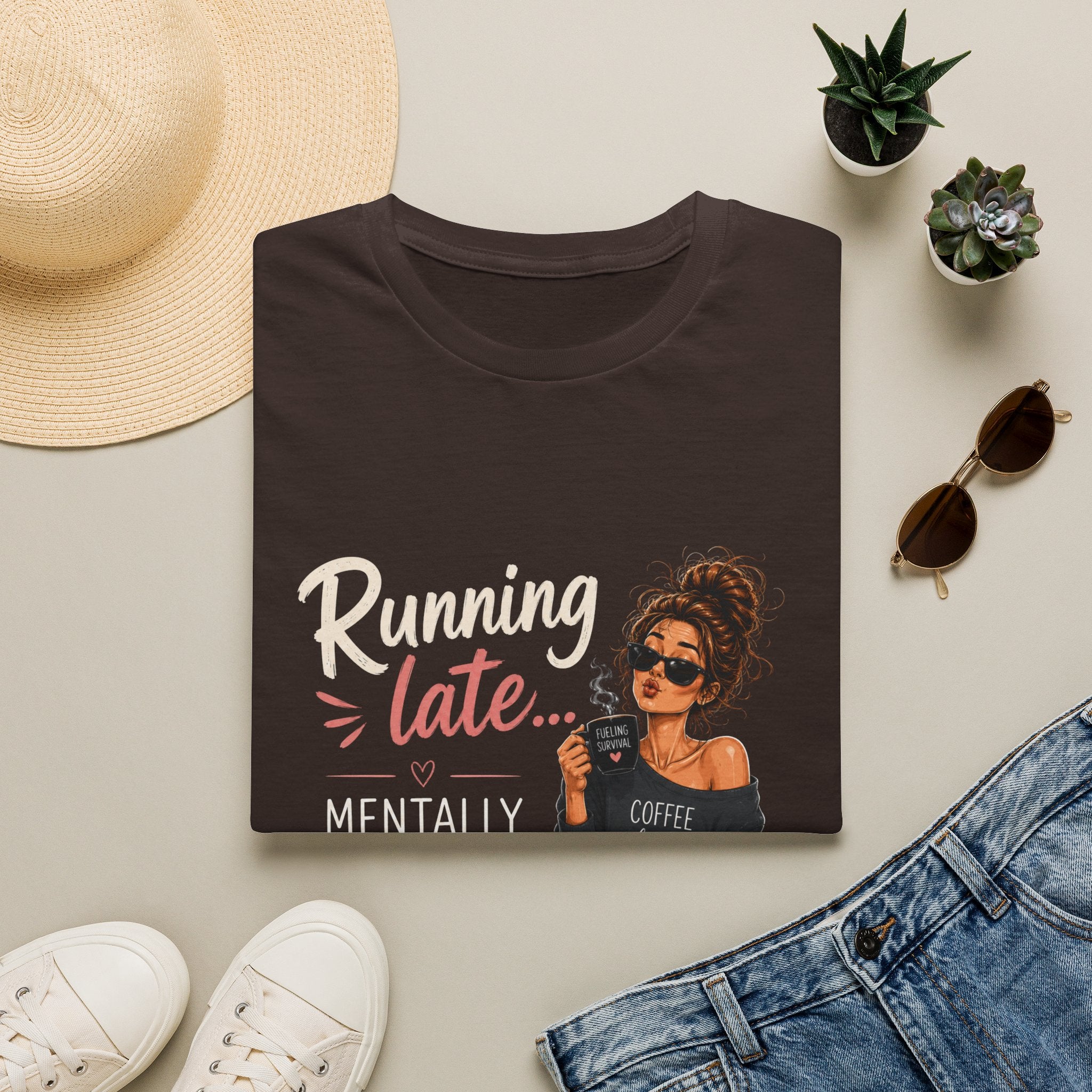 Running Late... Mentally Still Drinking Coffee T-Shirt - Funny Coffee Lover Design
