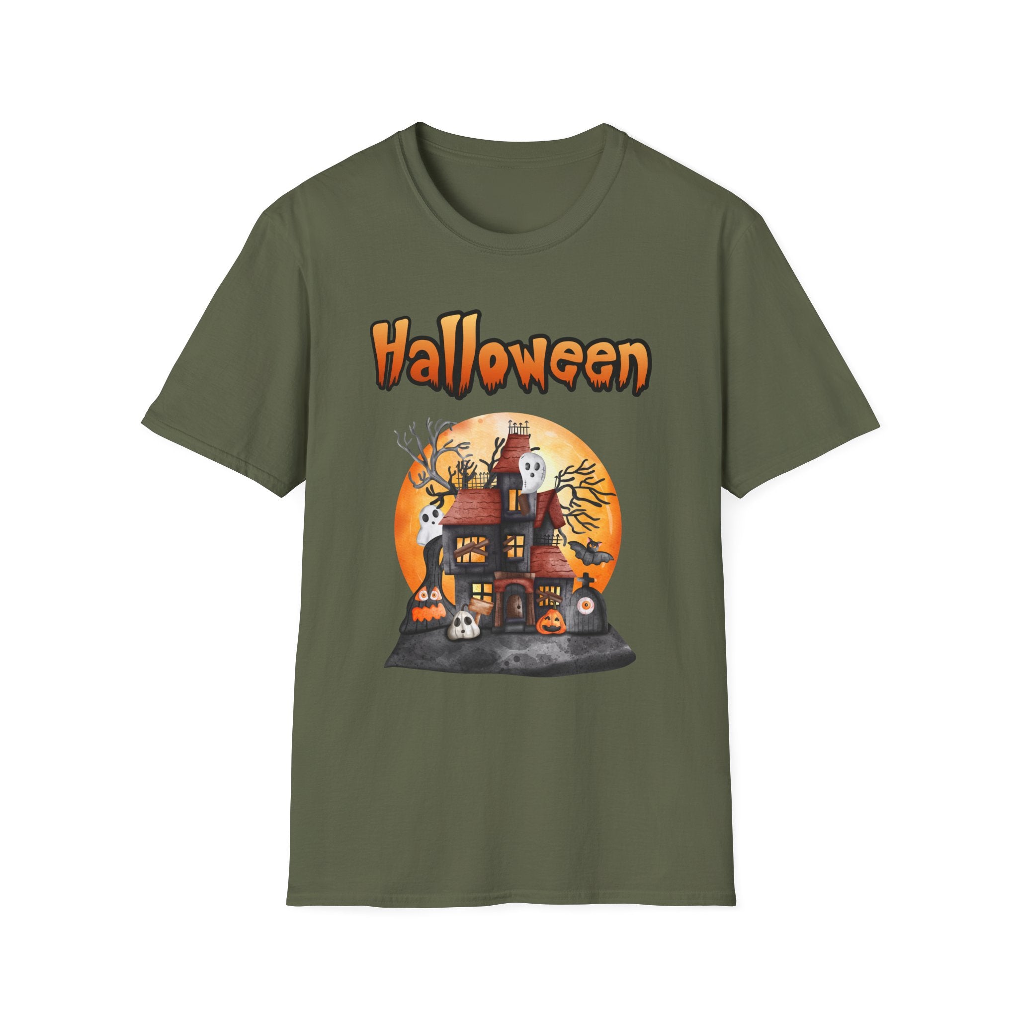 Halloween Haunted House T-Shirt — Spooky Pumpkin Moon Design -  Cute Spooky Haunted Mansion Ghost Pumpkin Fall Tee