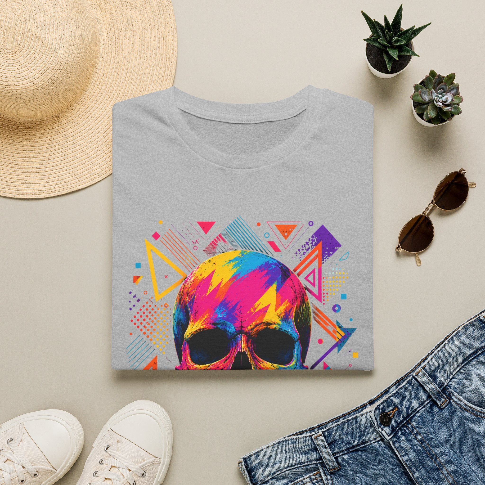Colorful Geometric Skull T-Shirt -Neon Pop Art Skull – Colorful Retro Geometric Design