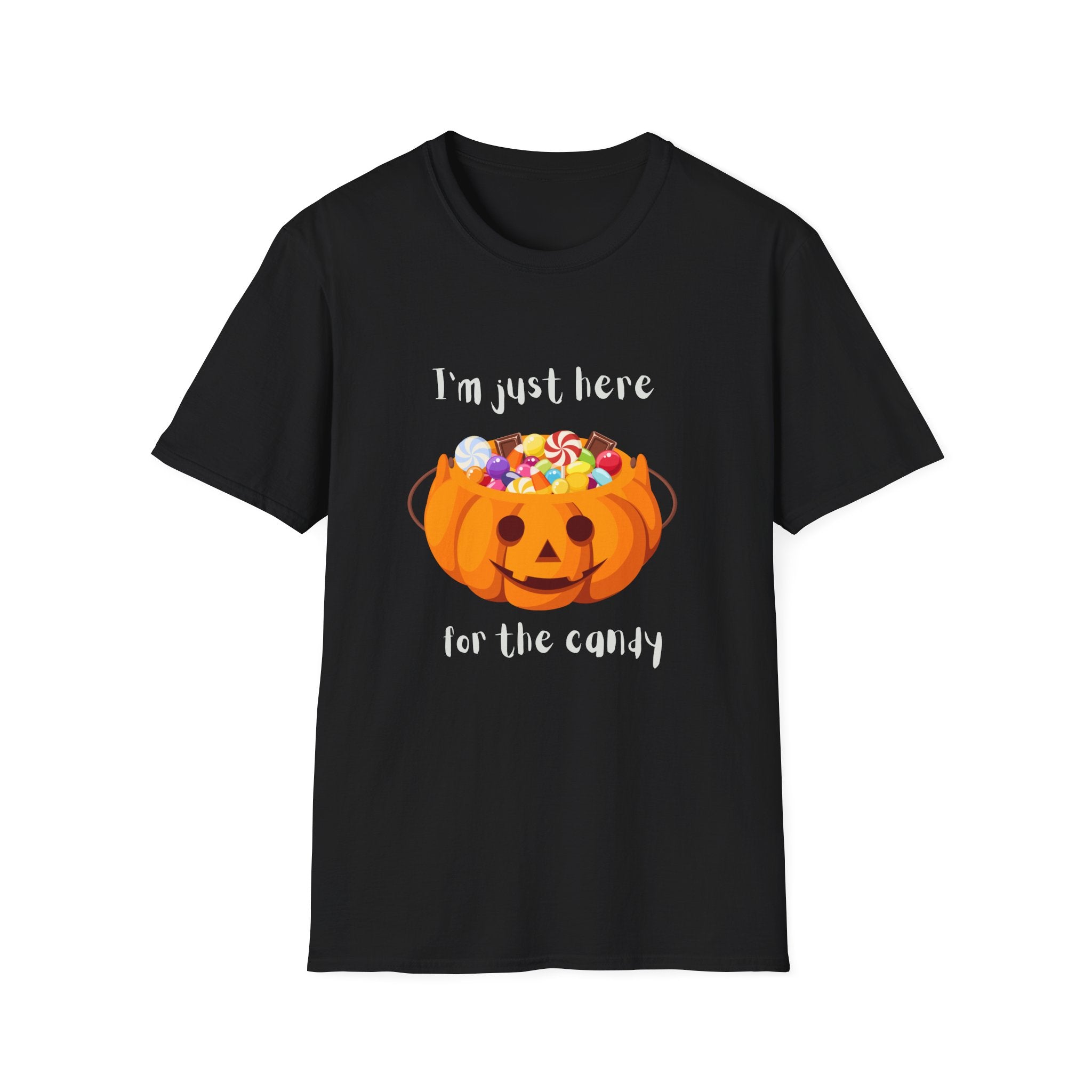 Halloween T-Shirt — "I'm Just Here for the Candy" Pumpkin Candy Bucket Tee