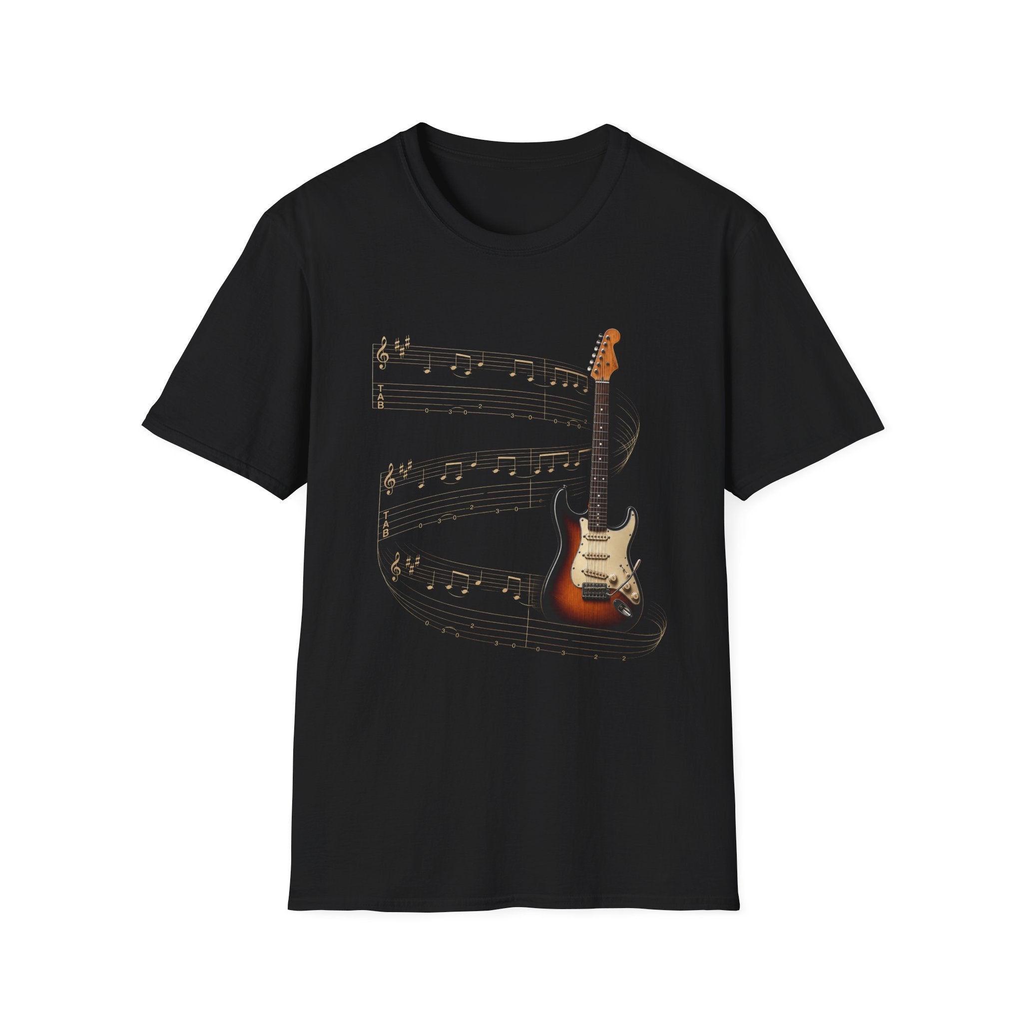 Electric Guitar T‑Shirt — Vintage Sunburst Guitar with Musical Notes - Where Music Takes Flight | Electric Guitar & Tablature Art Design