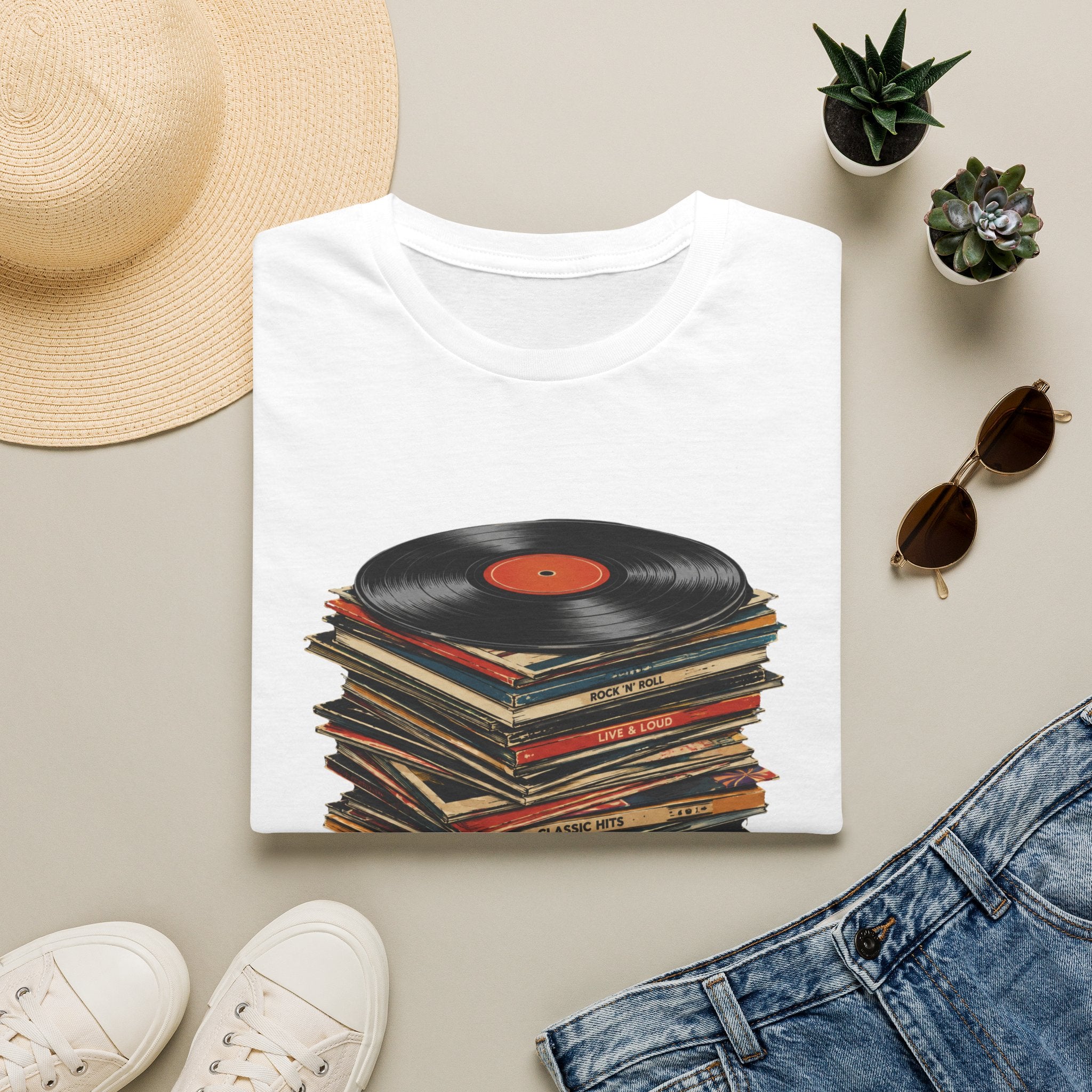 Vintage Vinyl Stack T-Shirt — Retro Record Player Graphic Tee - Retro Music Lover Turntable Aesthetic Design