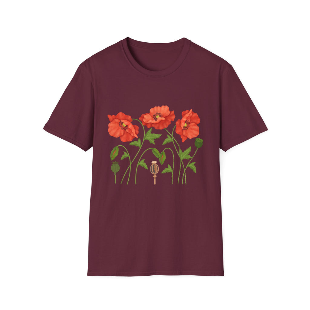 Poppy Floral T-Shirt — Red Poppies Garden Tee - Vintage Wildflower Floral Design