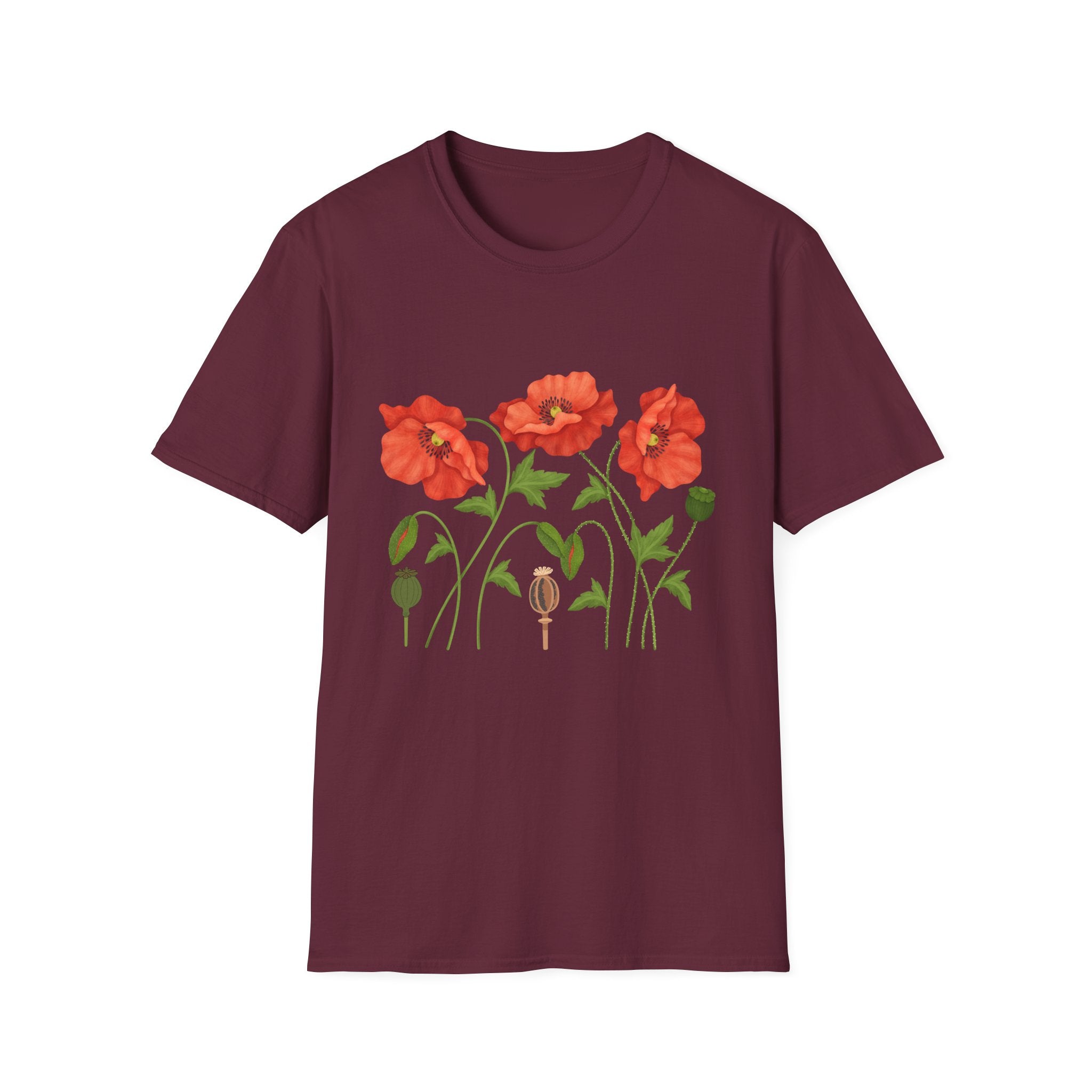 Poppy Floral T-Shirt — Red Poppies Garden Tee - Vintage Wildflower Floral Design