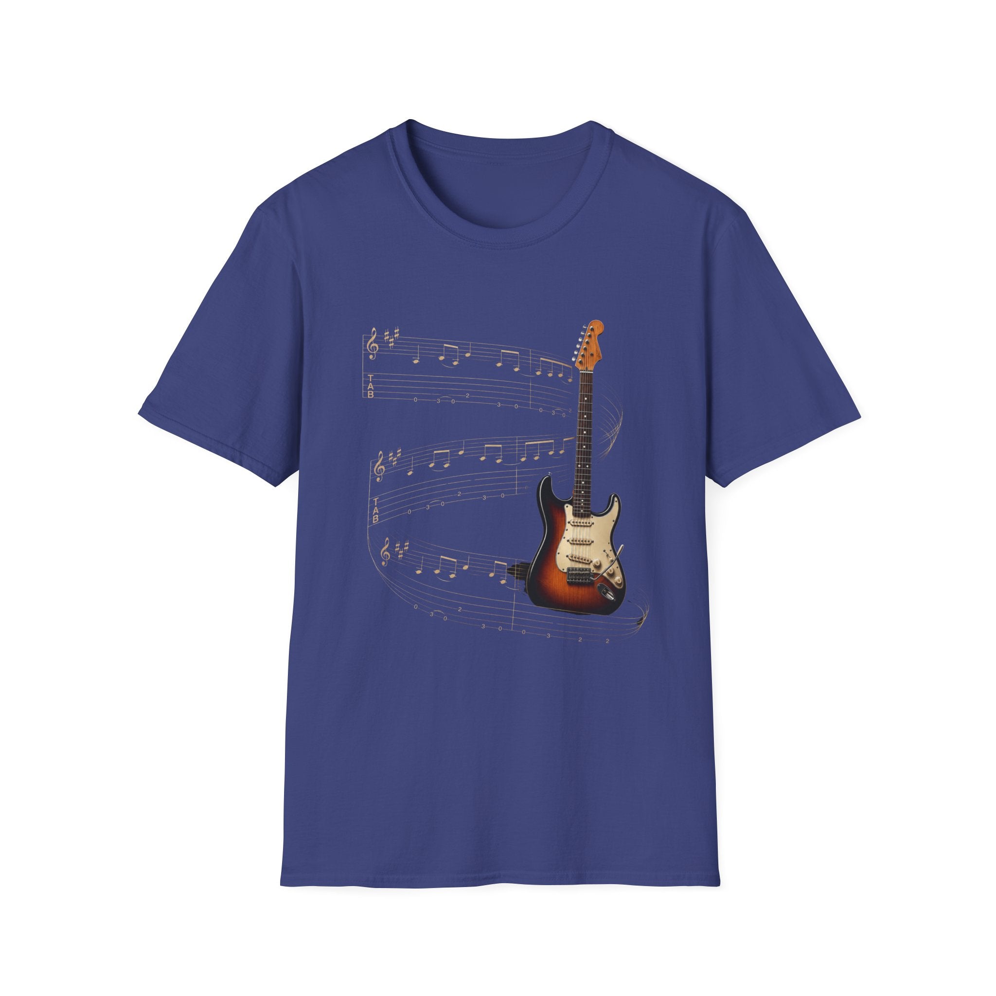 Electric Guitar T‑Shirt — Vintage Sunburst Guitar with Musical Notes - Where Music Takes Flight | Electric Guitar & Tablature Art Design
