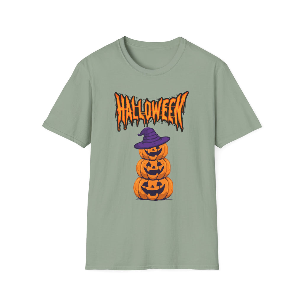 Halloween Stacked Jack-O'-Lantern T-Shirt — Cute Spooky Tee with Purple Witch Hat -  Cute Pumpkin Witch Hat Halloween Tee