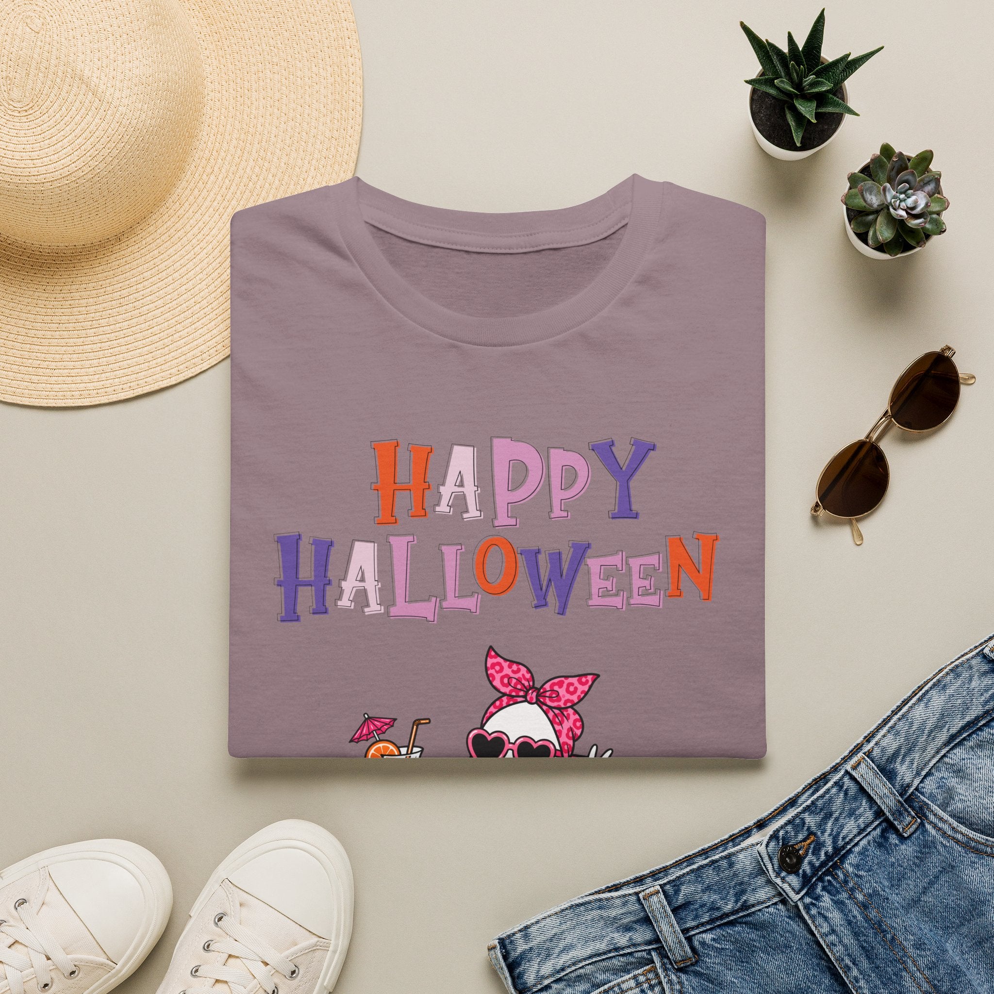 Happy Halloween Ghost Tee — Cute Feminine Halloween T-Shirt with Sunglasses & Pink Bow - Funny Spooky Halloween Shirt for Women