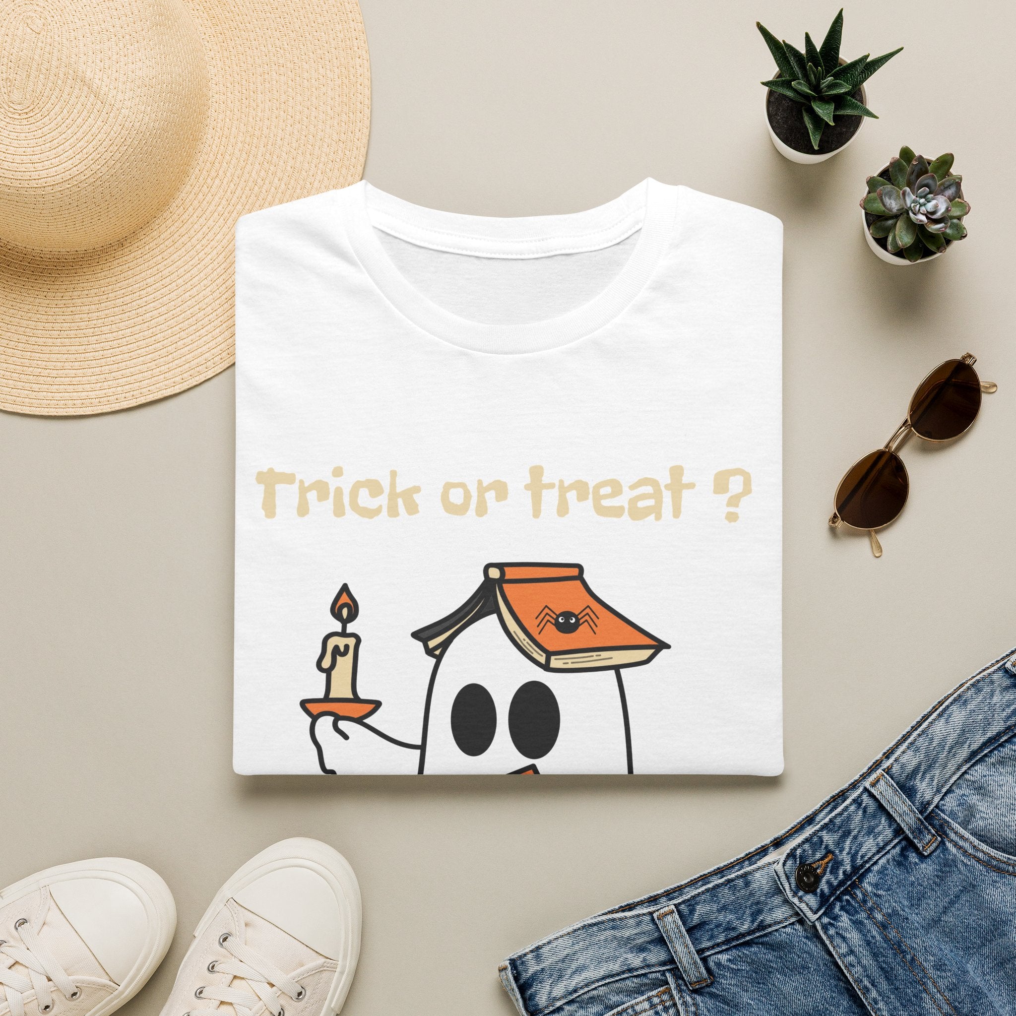 Halloween Ghost T-Shirt — "Trick or Treat?" Cute Spooky Candy Tee - Ghost Reading a Spooky Book Halloween Design