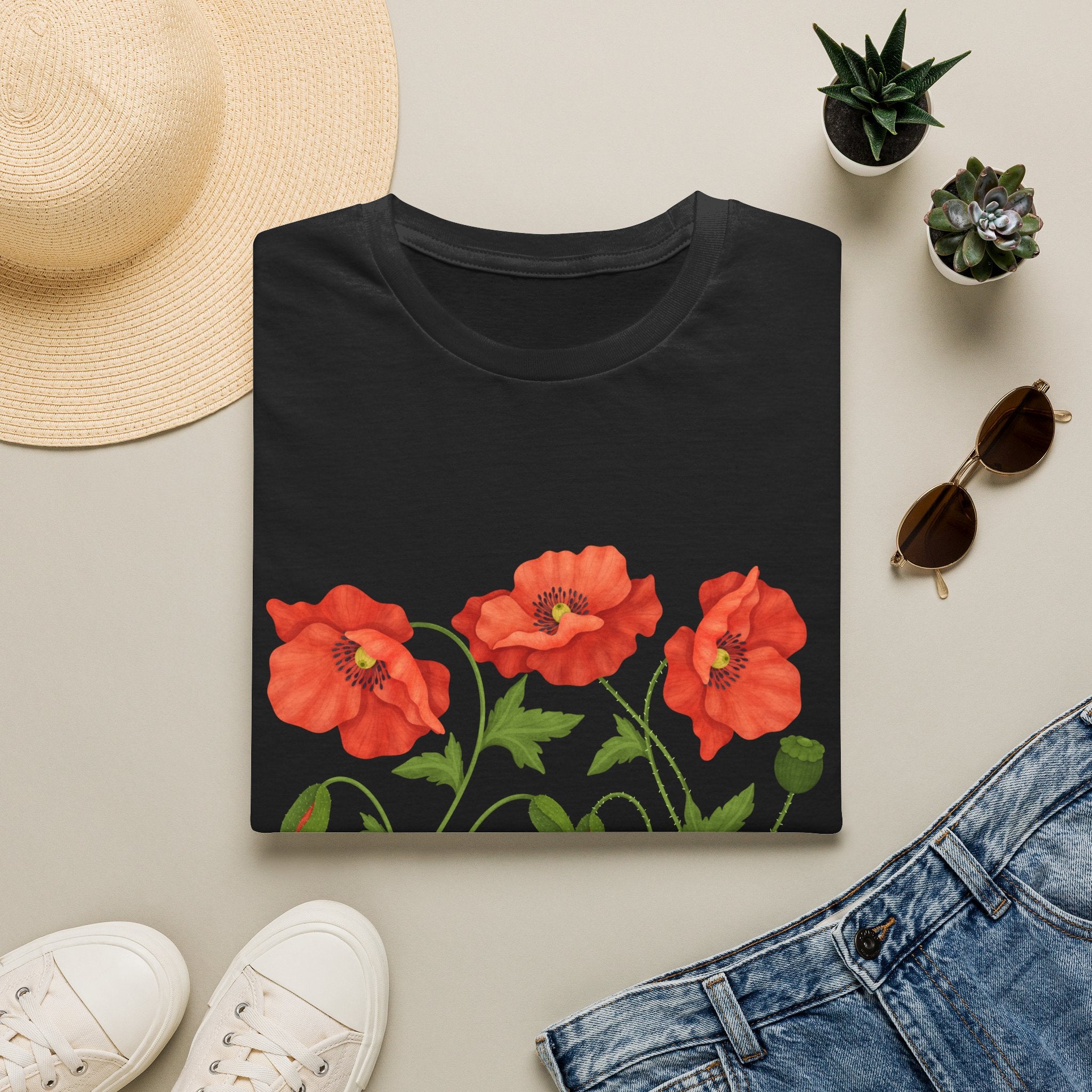 Poppy Floral T-Shirt — Red Poppies Garden Tee - Vintage Wildflower Floral Design