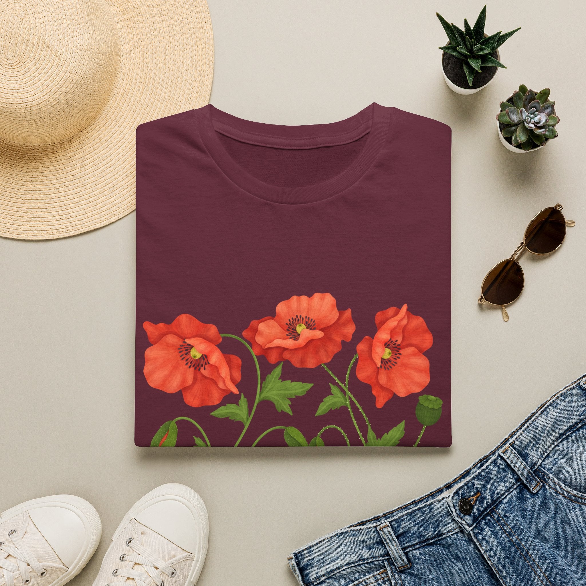 Poppy Floral T-Shirt — Red Poppies Garden Tee - Vintage Wildflower Floral Design