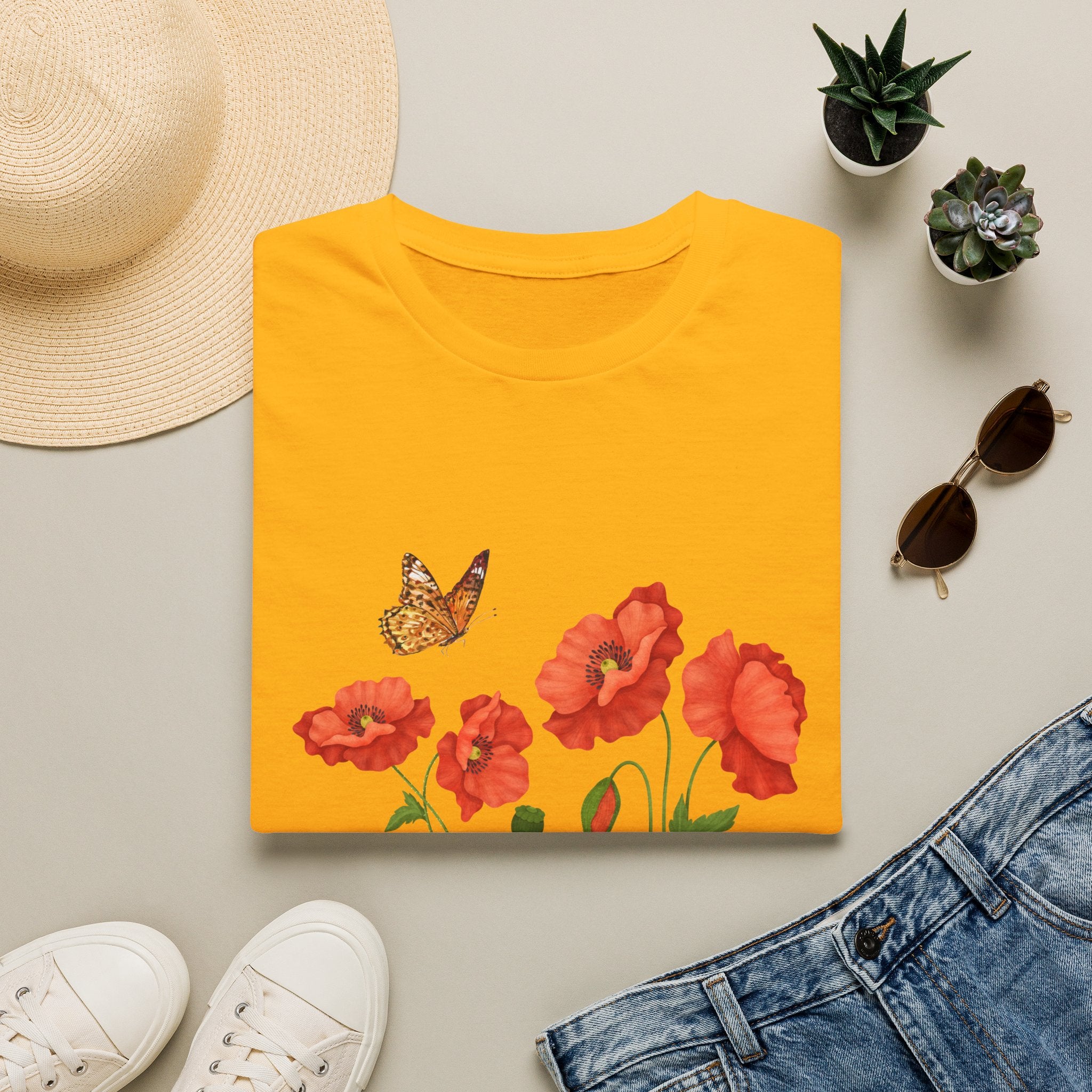 Poppy Field Tee — Red Poppies & Butterfly Floral T-Shirt