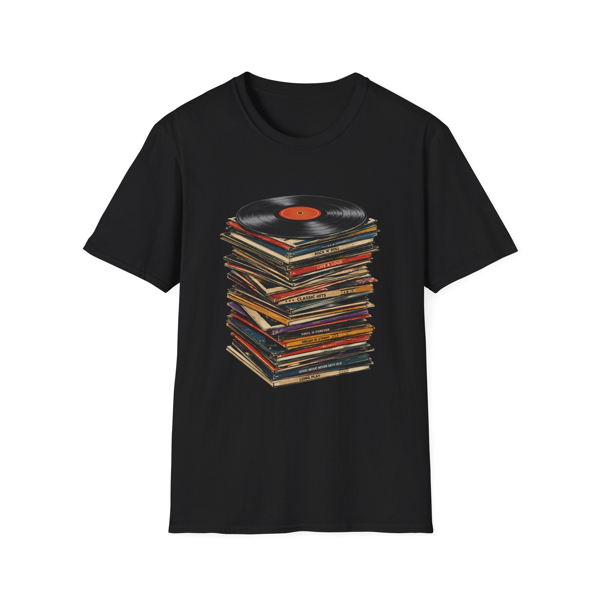 Vintage Vinyl Stack T-Shirt — Retro Record Player Graphic Tee - Retro Music Lover Turntable Aesthetic Design