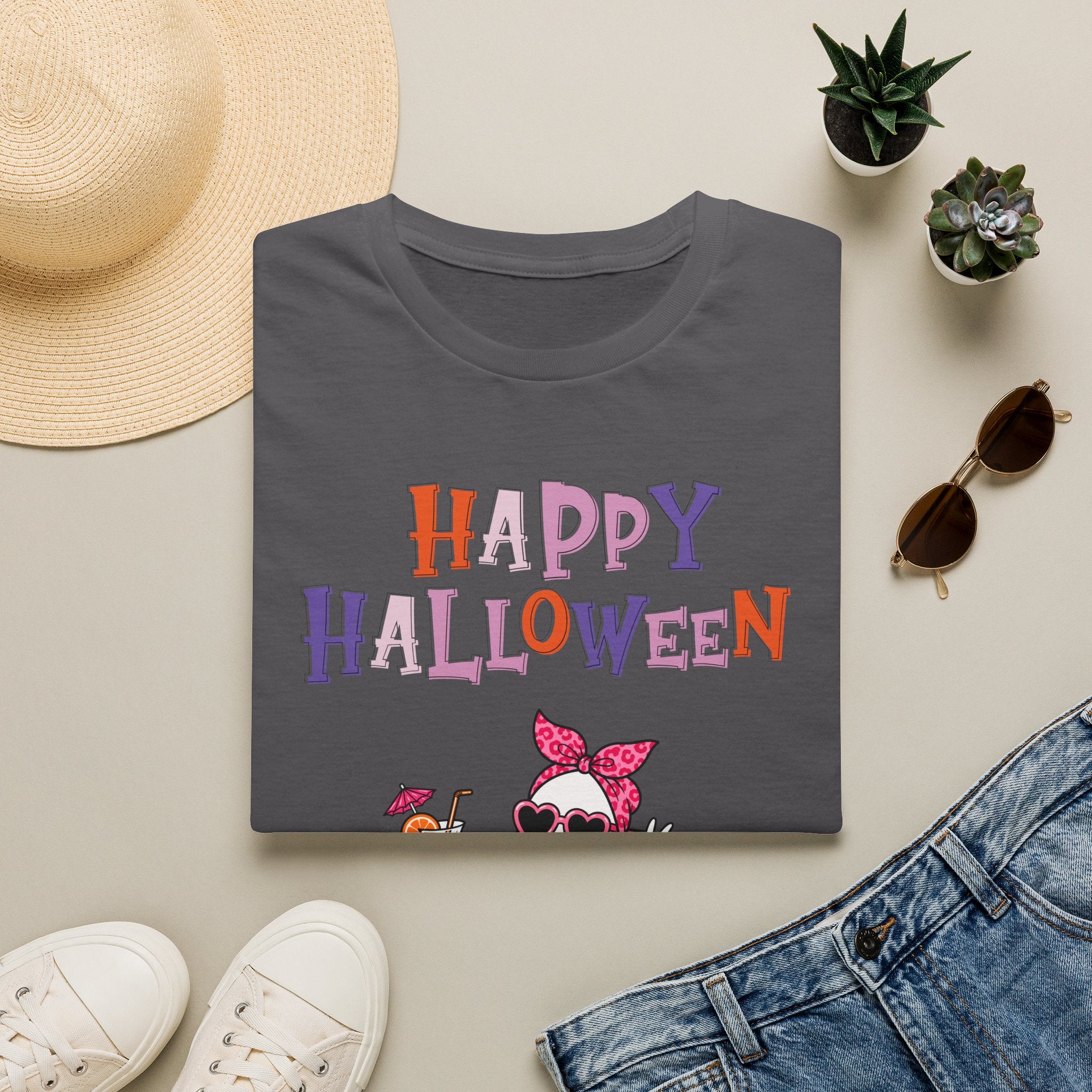 Happy Halloween Ghost Tee — Cute Feminine Halloween T-Shirt with Sunglasses & Pink Bow - Funny Spooky Halloween Shirt for Women
