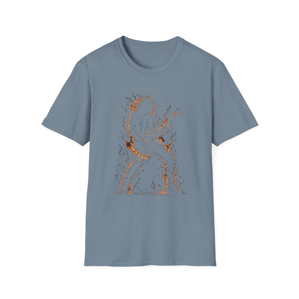 Abstract Guitarist T‑Shirt — Minimalist Flaming Guitar Music Tee - Born in the Fire of Rock | Flaming Guitarist Silhouette Art