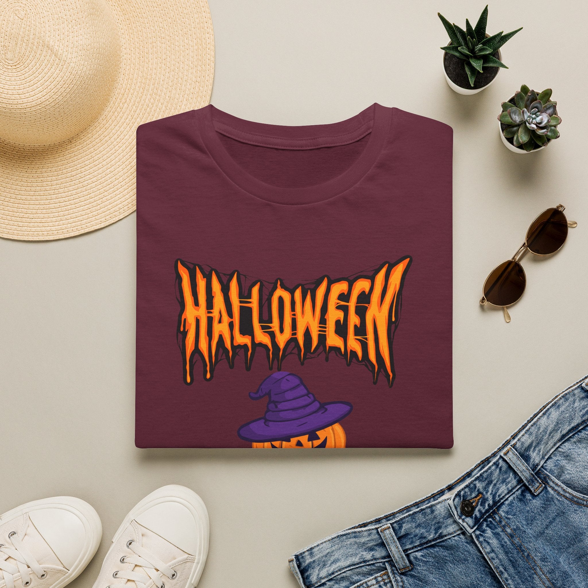 Halloween Stacked Jack-O'-Lantern T-Shirt — Cute Spooky Tee with Purple Witch Hat -  Cute Pumpkin Witch Hat Halloween Tee
