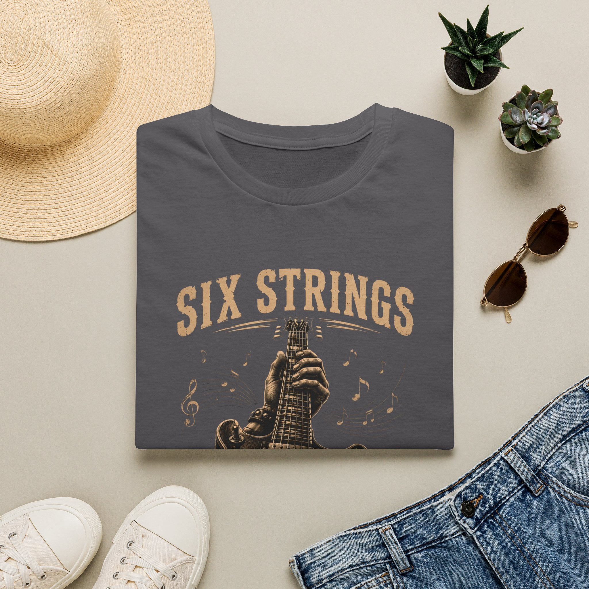 Six Strings Guitar T-Shirt — "Six Strings One Passion" Vintage Music Tee - Electric Guitar Rock Music Design