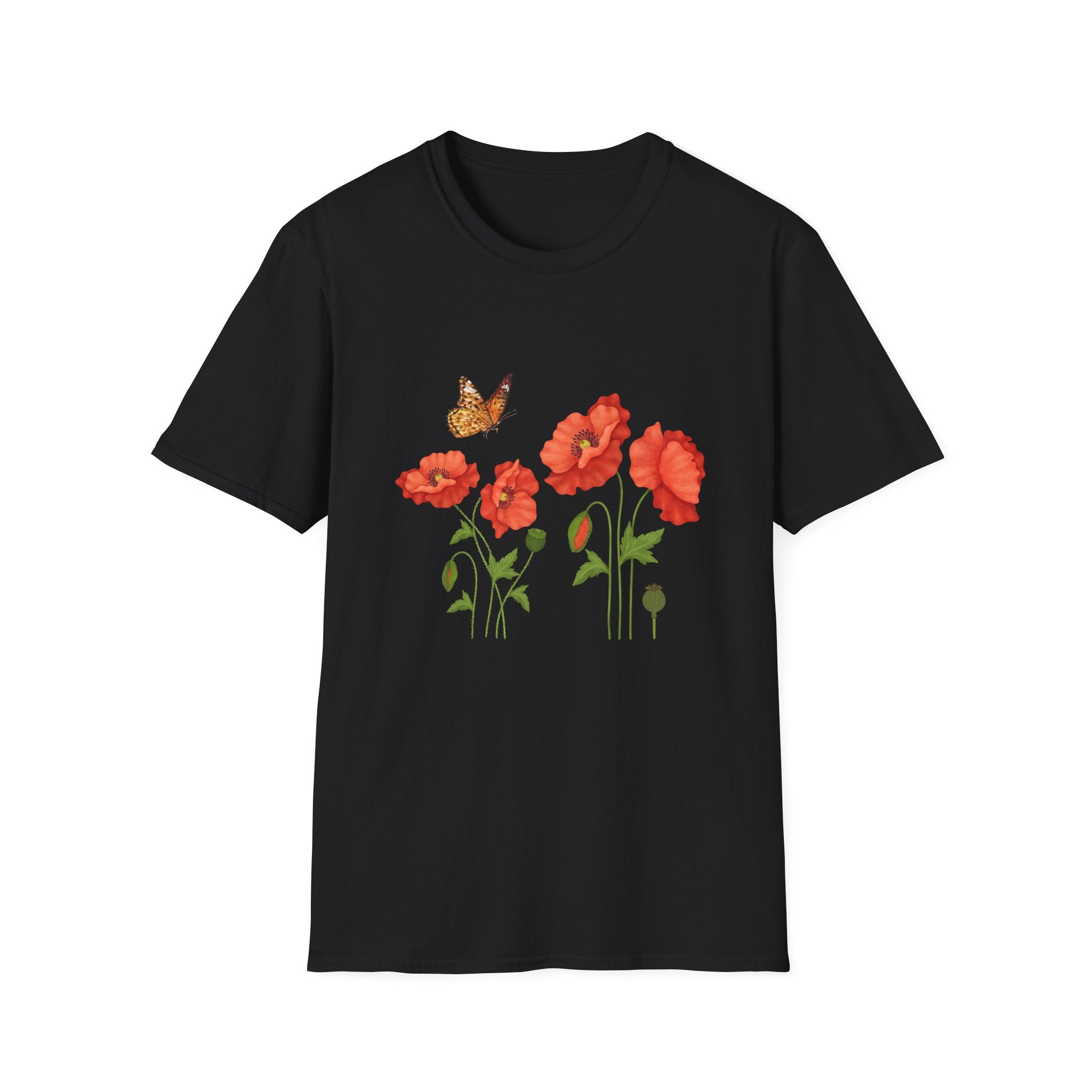 Poppy Field Tee — Red Poppies & Butterfly Floral T-Shirt