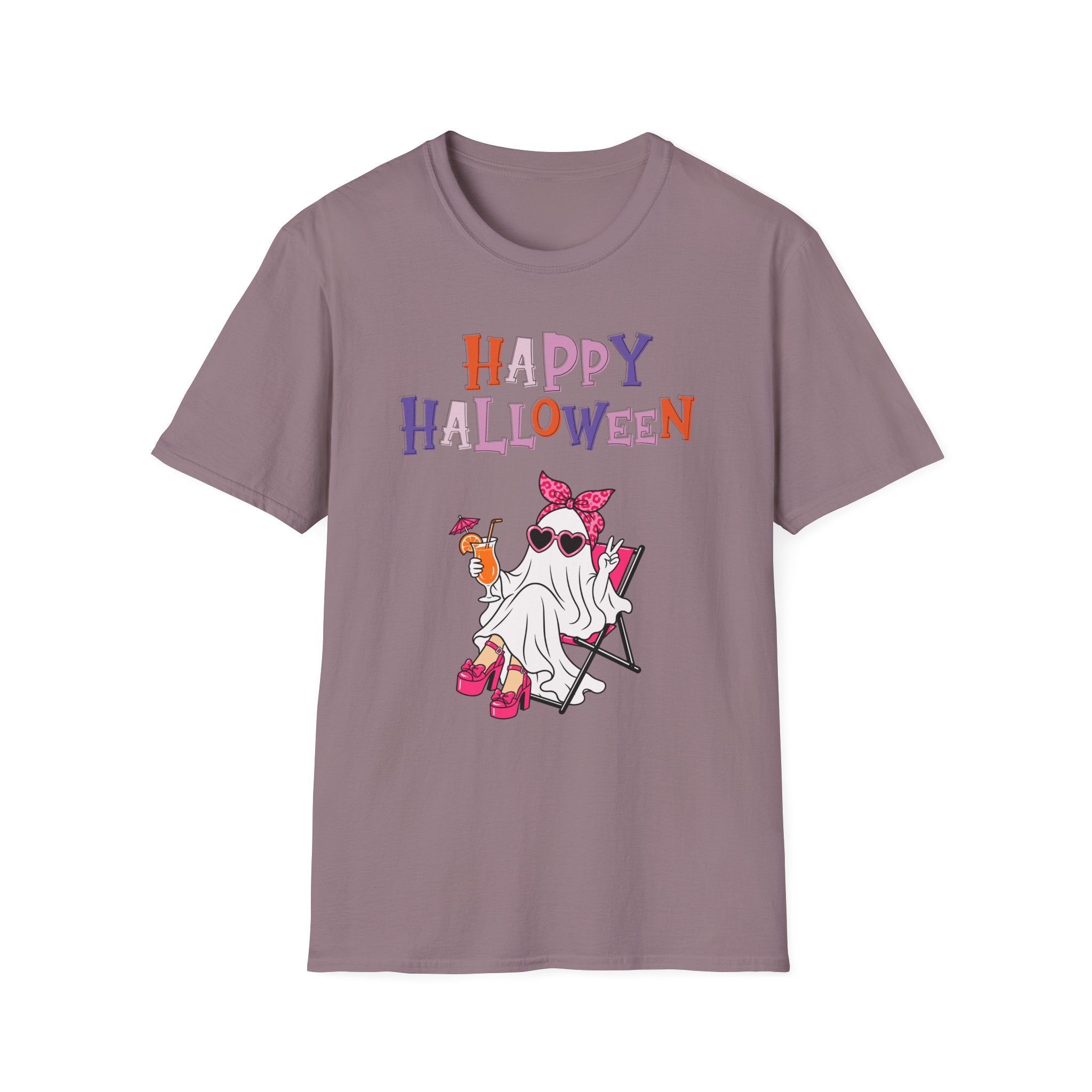 Happy Halloween Ghost Tee — Cute Feminine Halloween T-Shirt with Sunglasses & Pink Bow - Funny Spooky Halloween Shirt for Women