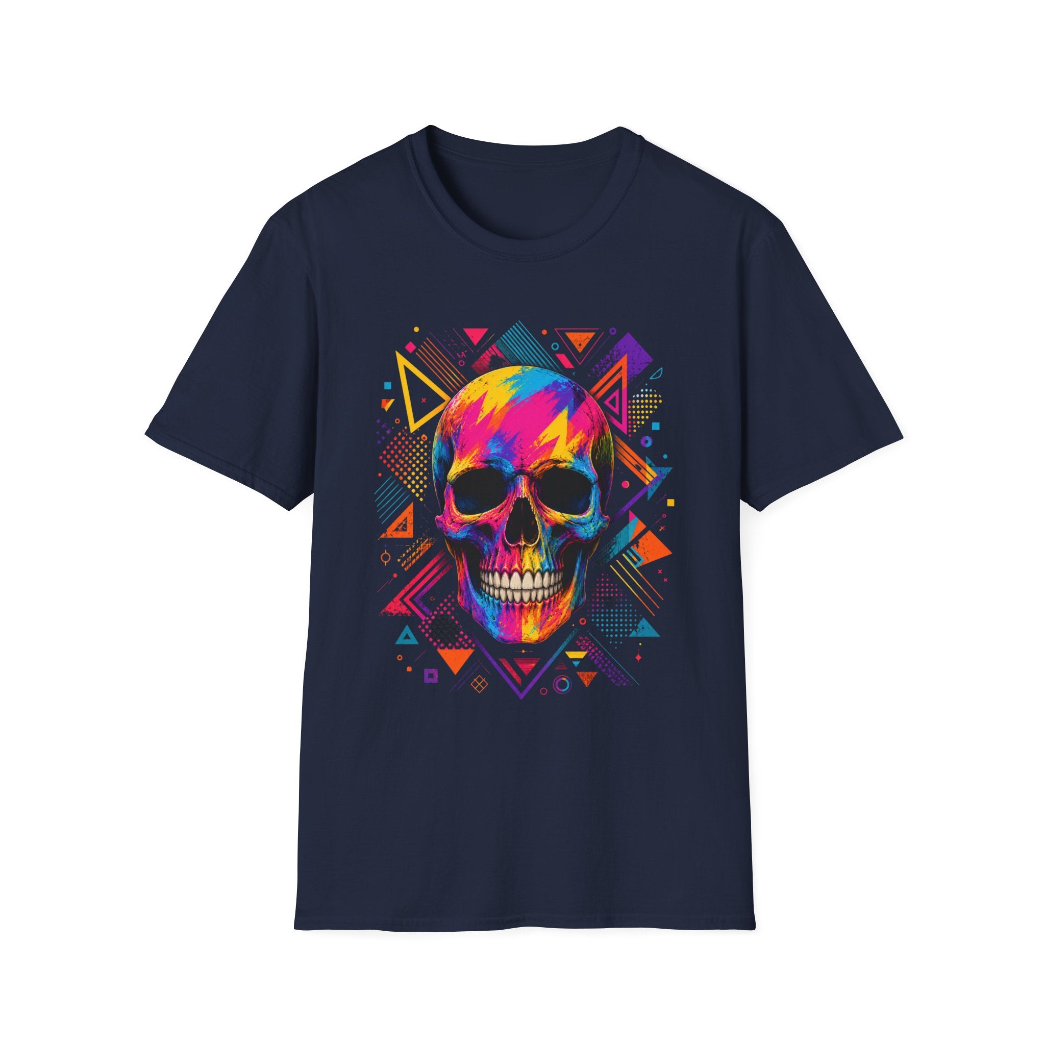 Colorful Geometric Skull T-Shirt -Neon Pop Art Skull – Colorful Retro Geometric Design