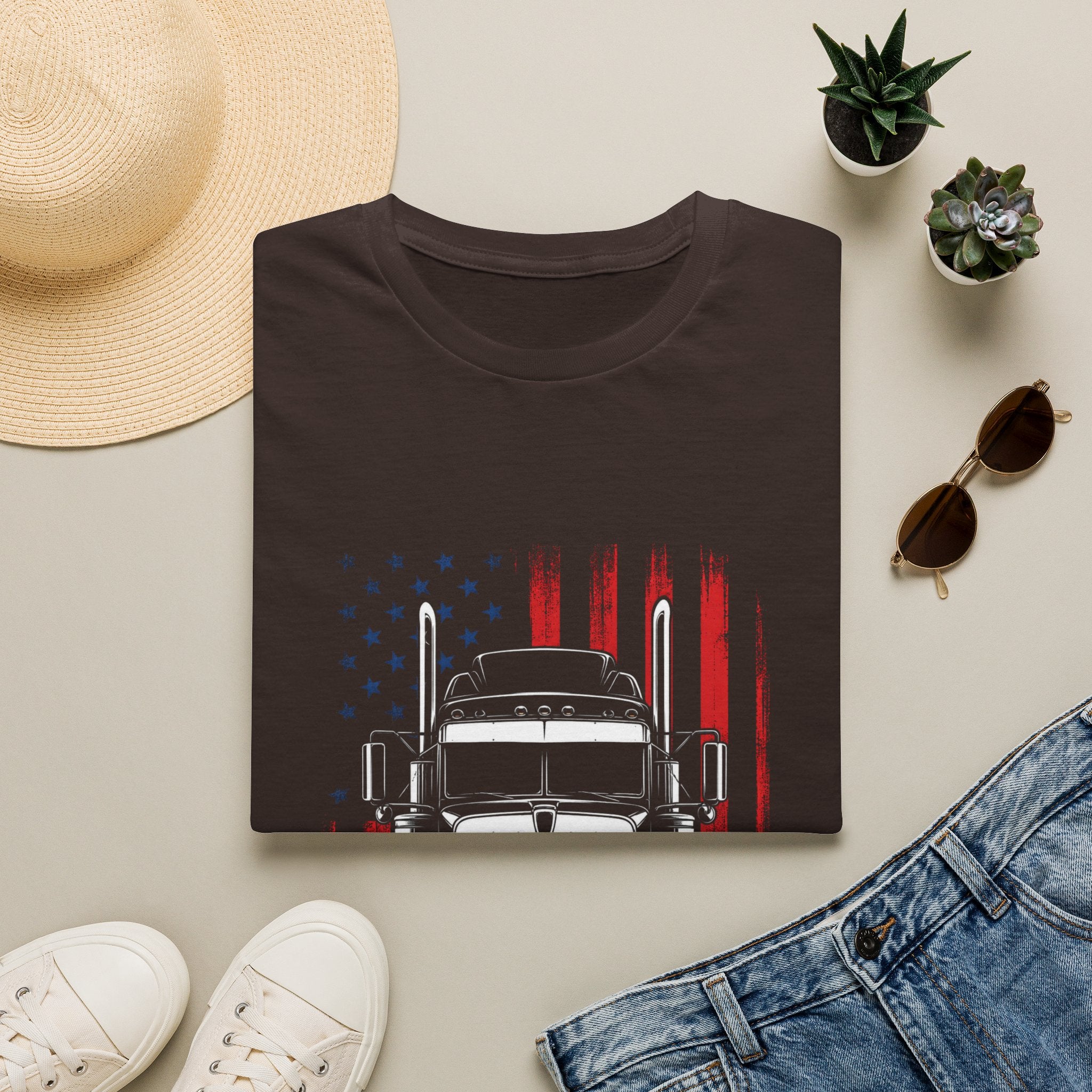 American Flag Semi Truck T-Shirt — Patriotic Trucker Tee - Vintage Semi Truck Patriotic Design