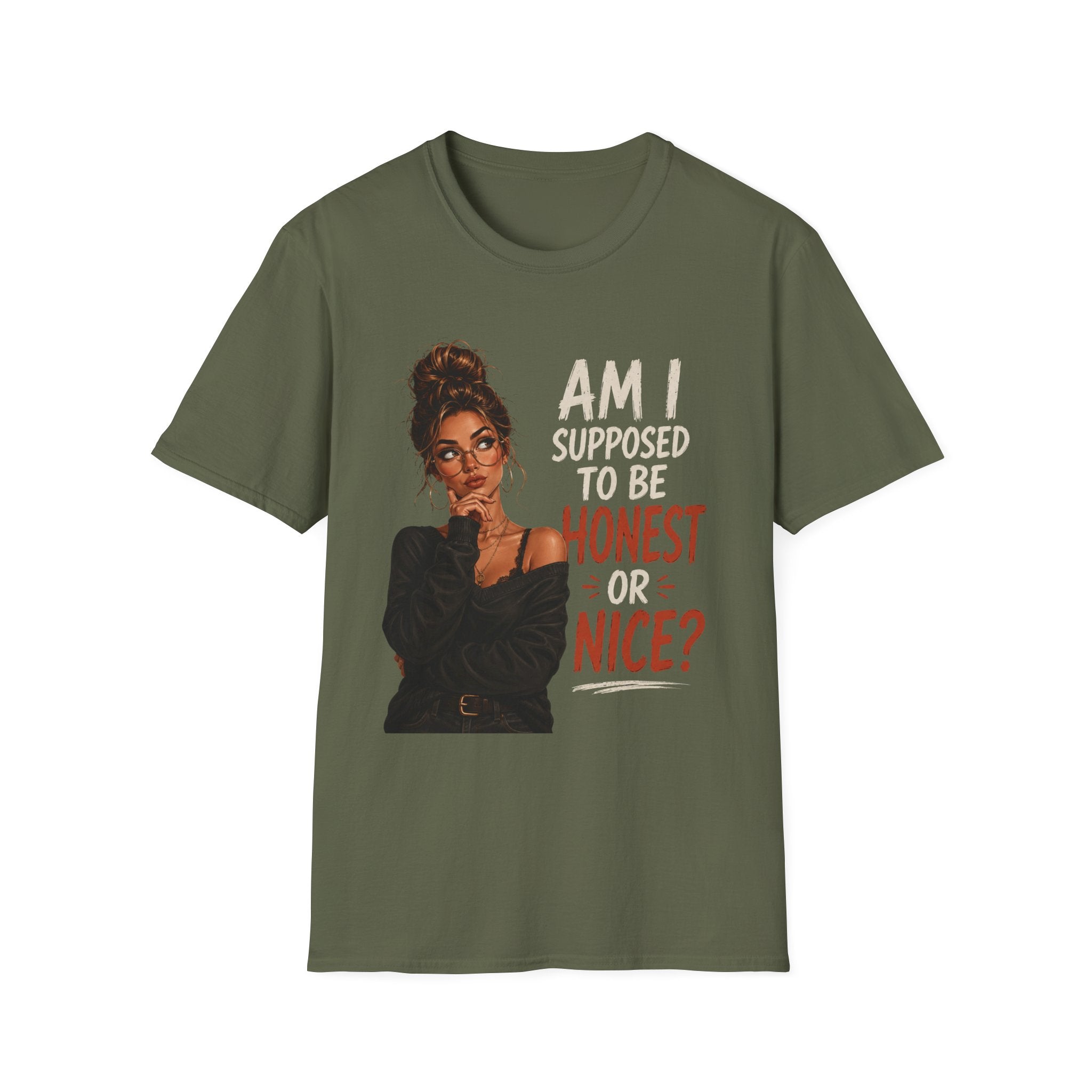 "Am I Supposed to Be Honest or Nice?" -  Funny Women Quote Design - Stylish Brunette Illustration